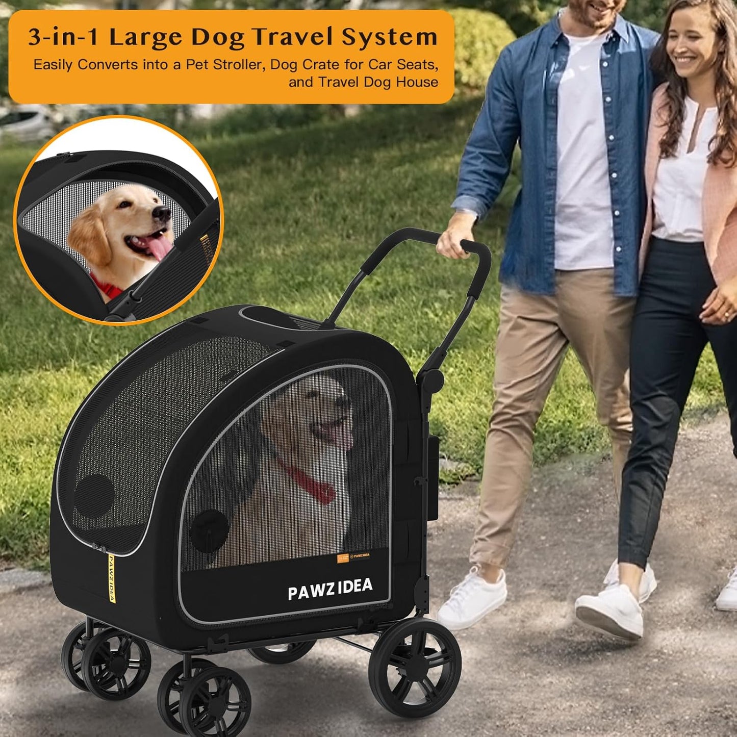 PAWZIDEA Dog Stroller for Large Dogs, Pet Stroller with Detachable Carrier for Portable Dog Crate for Car Seat, Foldable Dogs Jogger Strollers, All Terrain 9” Wheels, Adjustable Handle, Storage Bag