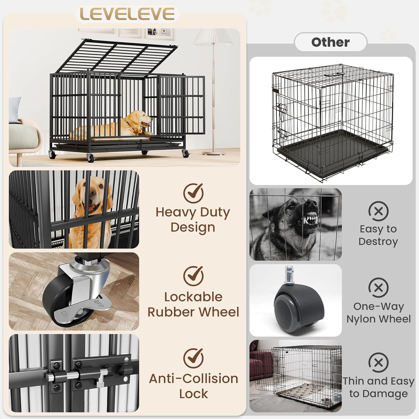 LEVELEVE 54 Inch Heavy Duty Indestructible Dog Crates for Large Dogs，Escape Proof Dog Cage Large Dogs with Lockable Wheels，Dog Kennel Furniture Indoor&Outside
