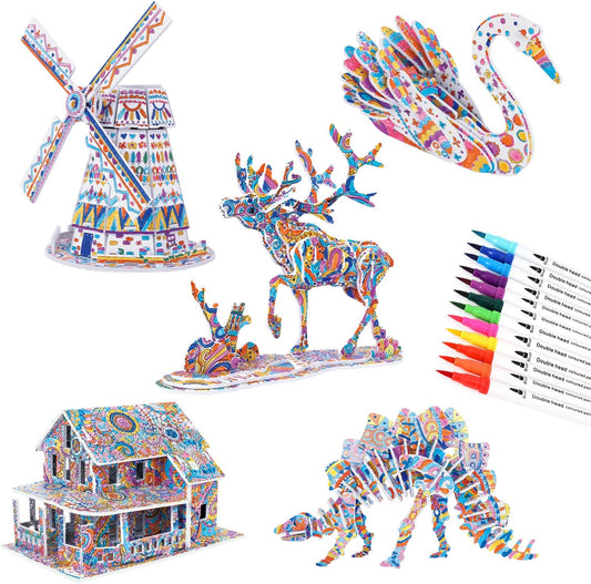 BEARUN 3D Coloring Puzzle Set, Arts and Crafts for Girls and Boys Age 6 7 8 9 10 11 12 Year Old, Fun Educational Painting Crafts Kit with Supplies for Kids, Birthday Toy Gift for Kids