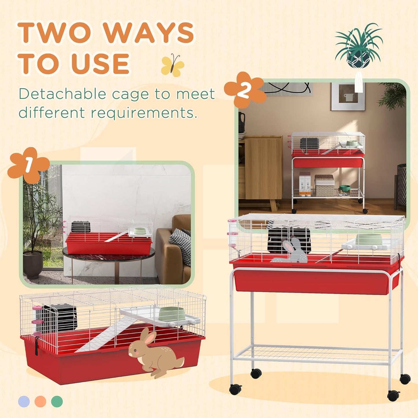 PawHut Two-Story Small Animal Cage Removable from Stand, Guinea Pig Cage with Shelf & Wheels, Pet Habitat for Hedgehog, Chinchilla, Ferret, 33" x 18.5" x 35", Red