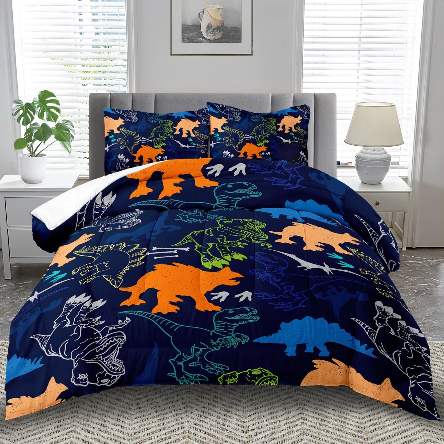 Blue Dinosaur Comforter Set Full Boys,Cute Dinosaur Bedding Set Full for Kids,Kawaii Dragon Comforter Blue Bedroom Decor,Cute Animal Bedding Kawaii Animal Quilt Boys