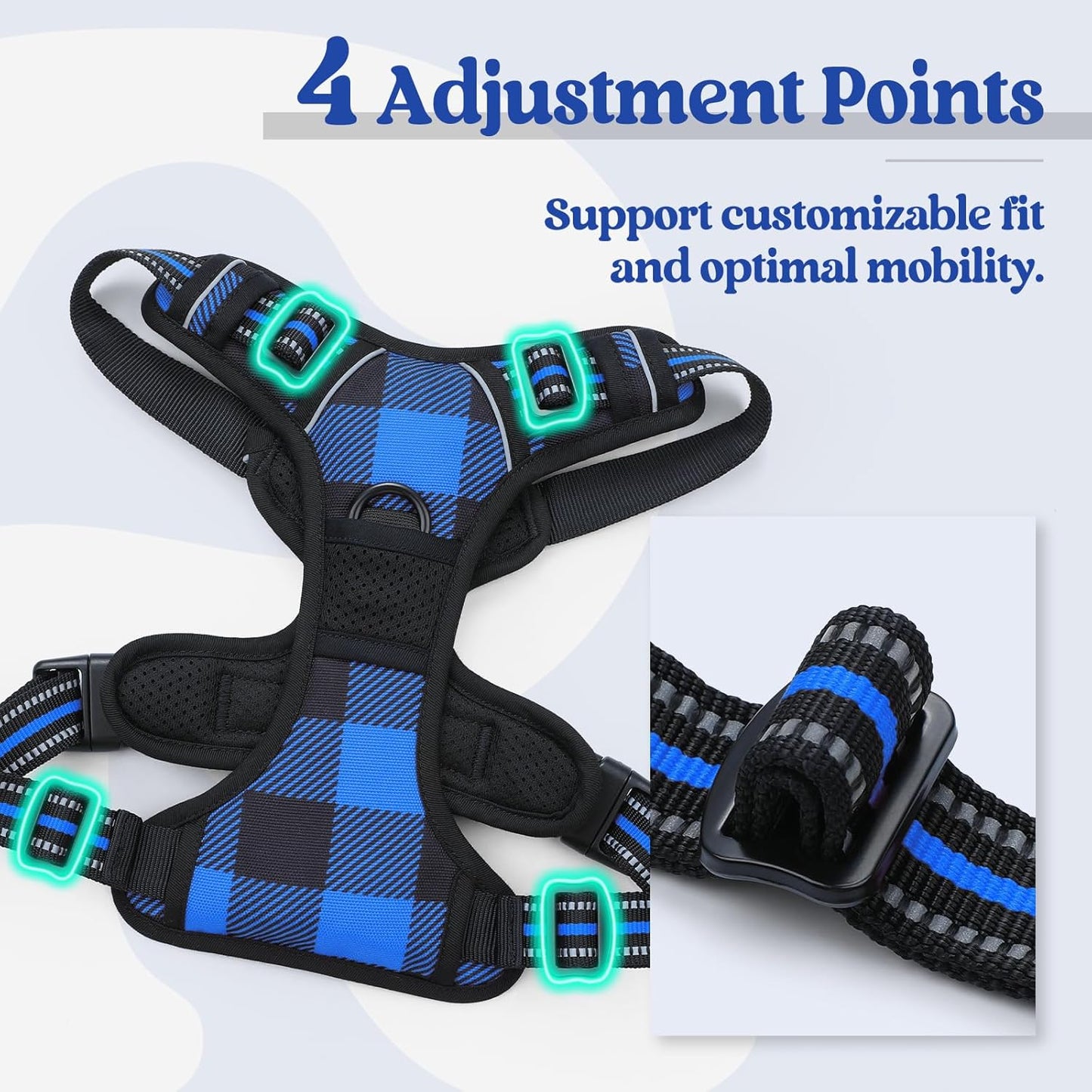 rabbitgoo Dog Harness No Pull with 2 Leash Clips, Adjustable Soft Padded, Reflective Oxford No Choke Pet Vest with Easy Control Handle for Large Dogs, Blue Plaid, XL