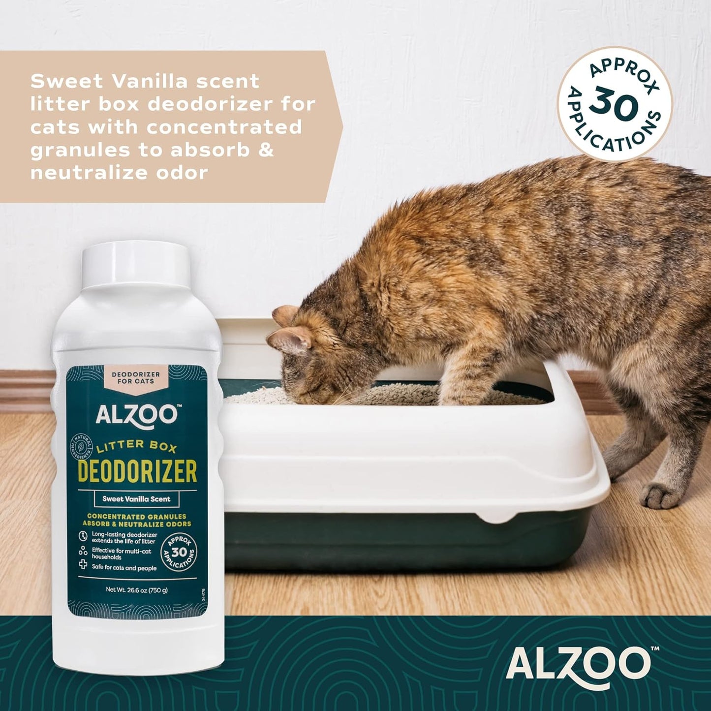 ALZOO Cat Litter Deodorizer, Concentrated Granules Absorb & Help Neutralize Odors, 100% Plant-Based Active Ingredients, Up to 30 Uses, Sweet Vanilla Scent, 26.6 Oz., Pack of 2