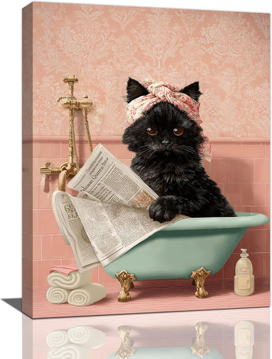 Cat Bathroom Wall Decor Black Cat Reading Newspaper in Bathtub Canvas Wall Art Funny Bathroom Pictures Kitten Painting Print Pink Artwork Framed Decorations Gifts 12"x16"