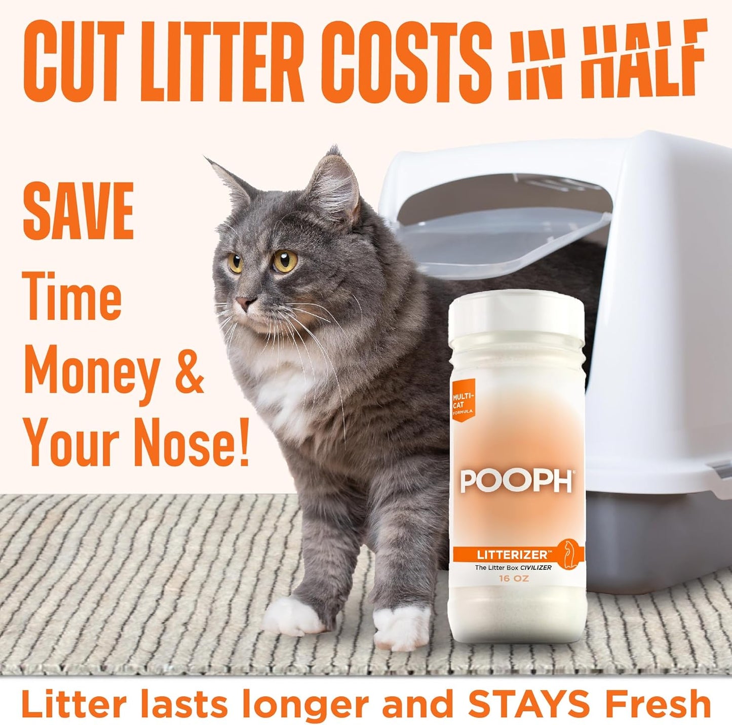 POOPH LITTERIZER – Litter Box Deodorizer – Eliminates Odors Instantly – Helps Reduce Litter Use – Safe & Fragrance-Free – 1 Bottle