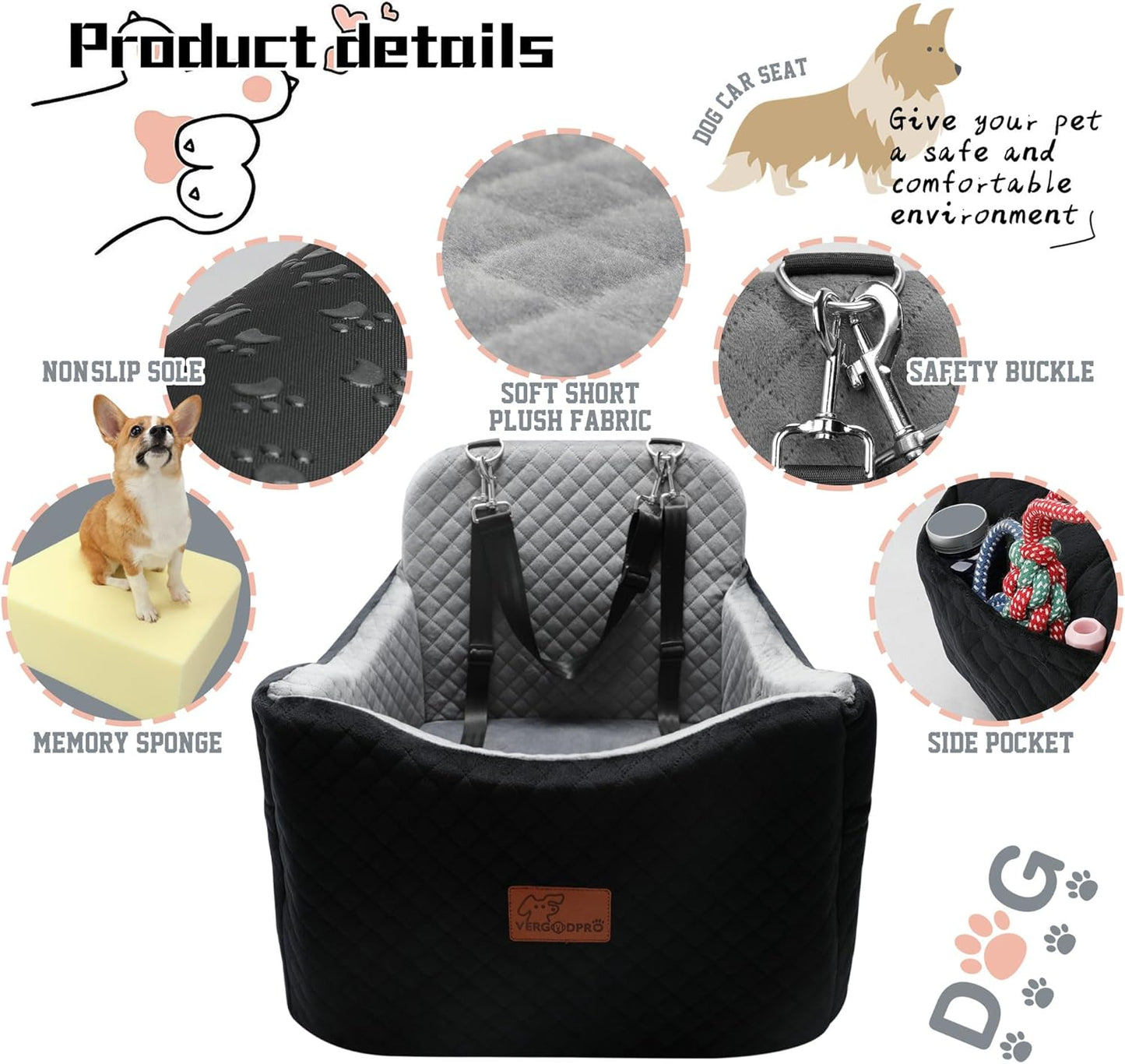 Dog Booster Car Seat for Dogs under 35lbs,Elevated Pets Seat with Safety Strap,Ultra Soft Fabric and Memory Foam Car Dog Bed,Safety,Comfy,Non-Slip&Washable Carseat Cushion for Travel,Cars,SUV.(H-Grey)