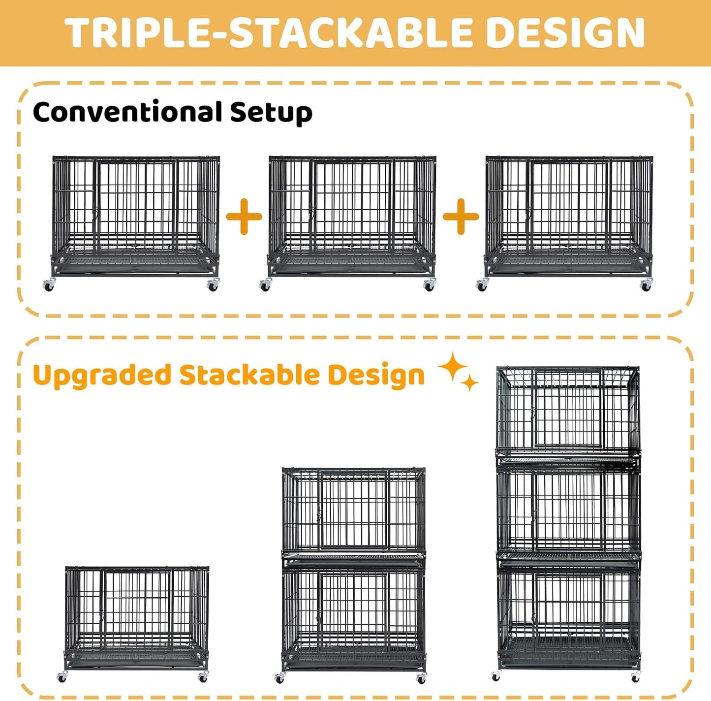 Stackable 36 Inch Dog Crate, Heavy Duty Indestructible Cage Escape Proof Collapsible Kennel with Open Top, Lockable Wheels, Removable Tray & Metal Grid for High Anxiety Medium/Small Dogs