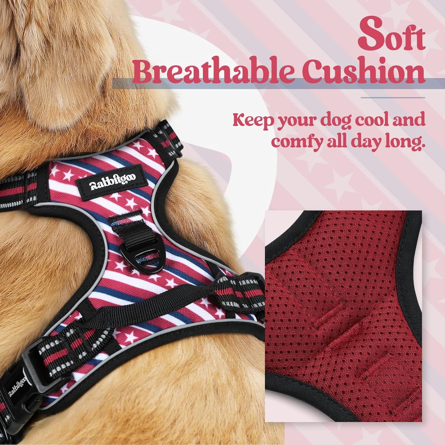 rabbitgoo Dog Harness No Pull with 2 Leash Clips, Adjustable Soft Padded, Reflective Oxford No Choke Pet Vest with Easy Control Handle for Large Dogs, Red Stripe, S