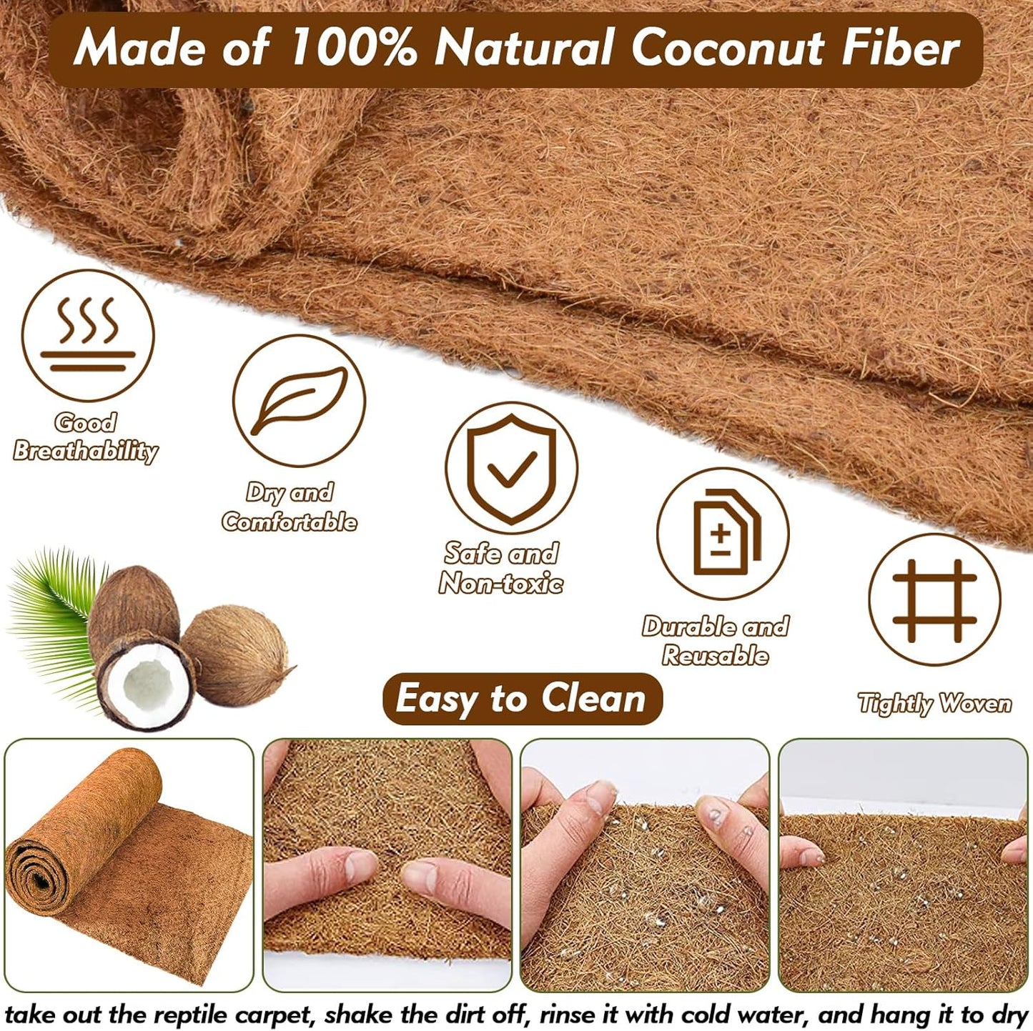 ZeeDix 3 Rolls Coconut Fiber Reptile Substrate Mat, 24 x 48 inches Natural Coco Mat Reptile Carpet Coco Fiber Liner Turtle Bedding Reptile Terrarium Liner for Lizard Snake Turtle Gecko Bearded Dragon
