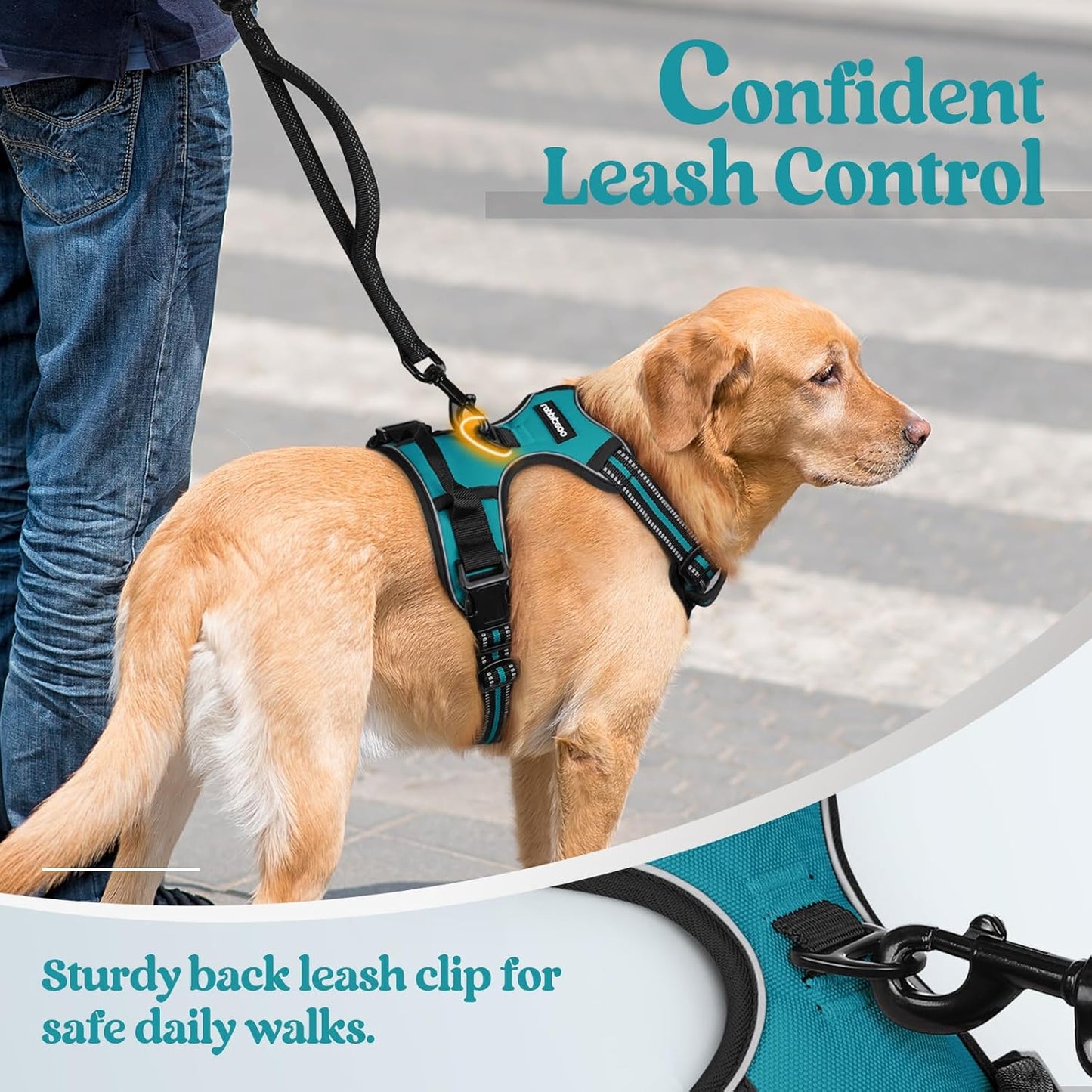 rabbitgoo Dog Harness No Pull with 2 Leash Clips, Adjustable Soft Padded, Reflective Oxford No Choke Pet Vest with Easy Control Handle for Large Dogs, Teal, XL