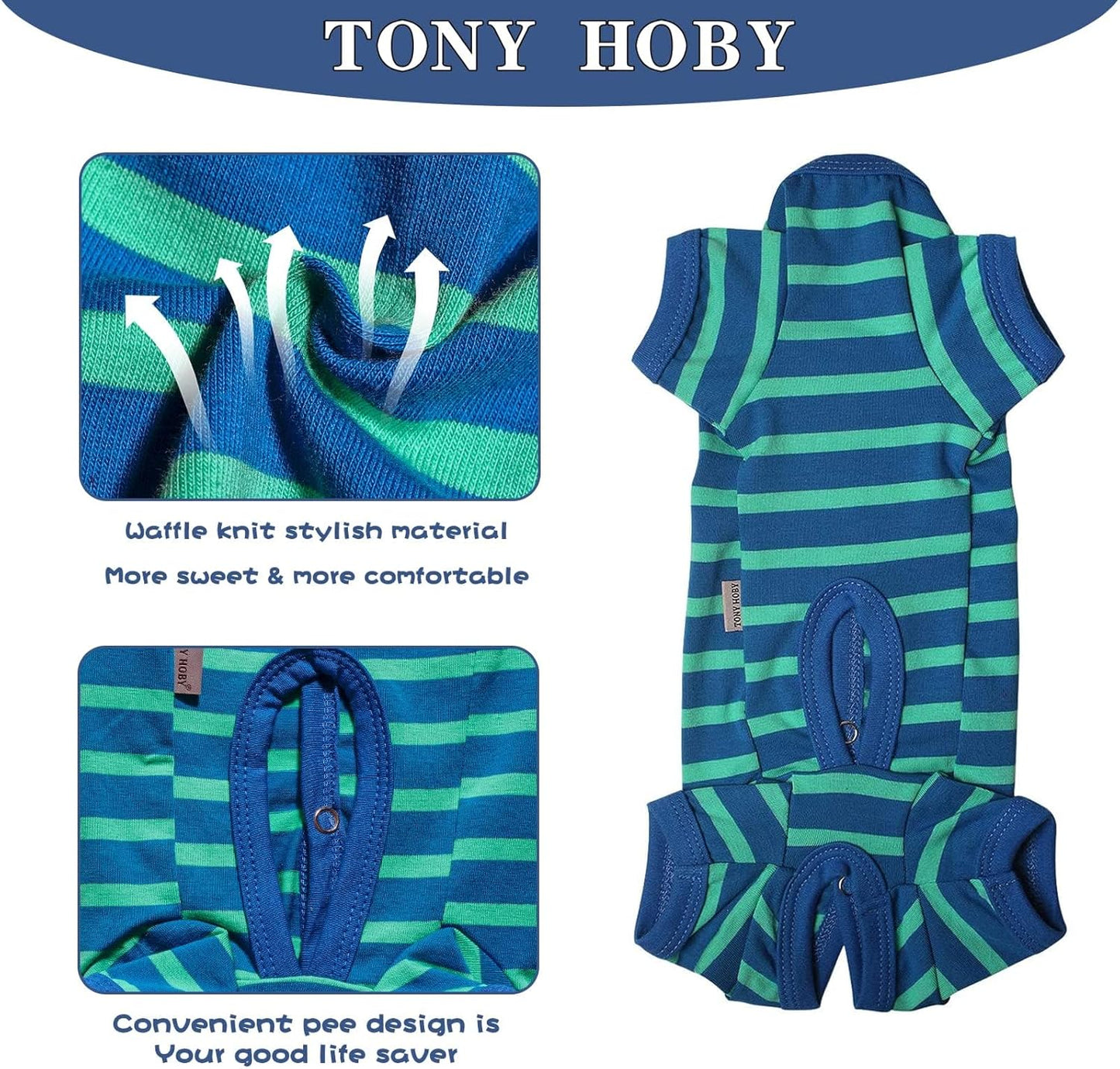 TONY HOBY Dog Pajamas for Female/Male, Dog Jumpsuit with Stripes for Small Medium Dogs, Soft and Comfortable 4 Legged Pajamas Dogs Clothes (Blue&Green, Boy, M)