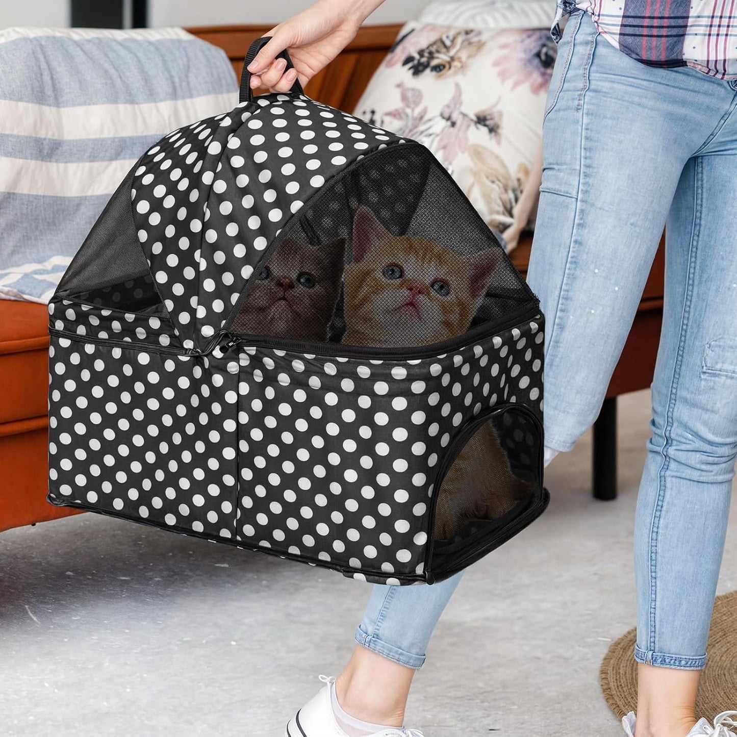 Magshion Foldable Pet Stroller, 3-in-1 Dog Travel Jogger with Detachable Carrier, Cup Holder, Storage Basket, Folding Carrier for Small/Medium Dogs & Cats Up to 33 lbs, Black Polka Dots