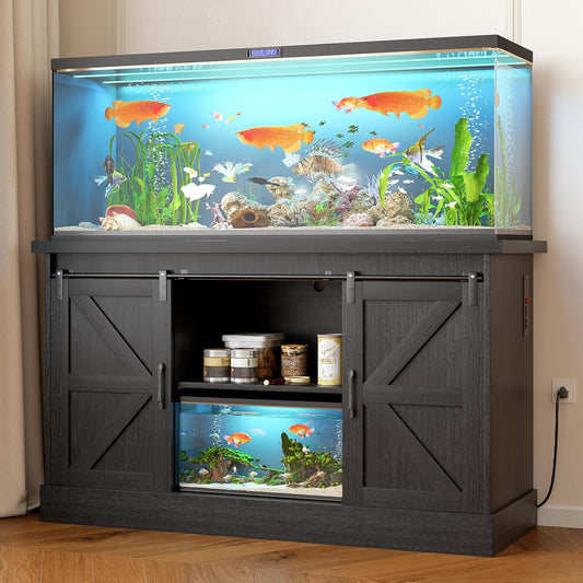 55-75 Gallon Fish Tank Stand with Sliding Barn Doors & Power Outlet, Heavy Duty Aquarium Stand with Cabinet Storage for Fish Tank, Turtle Tank, Reptile Terrarium, 1000LBS Capacity, Black