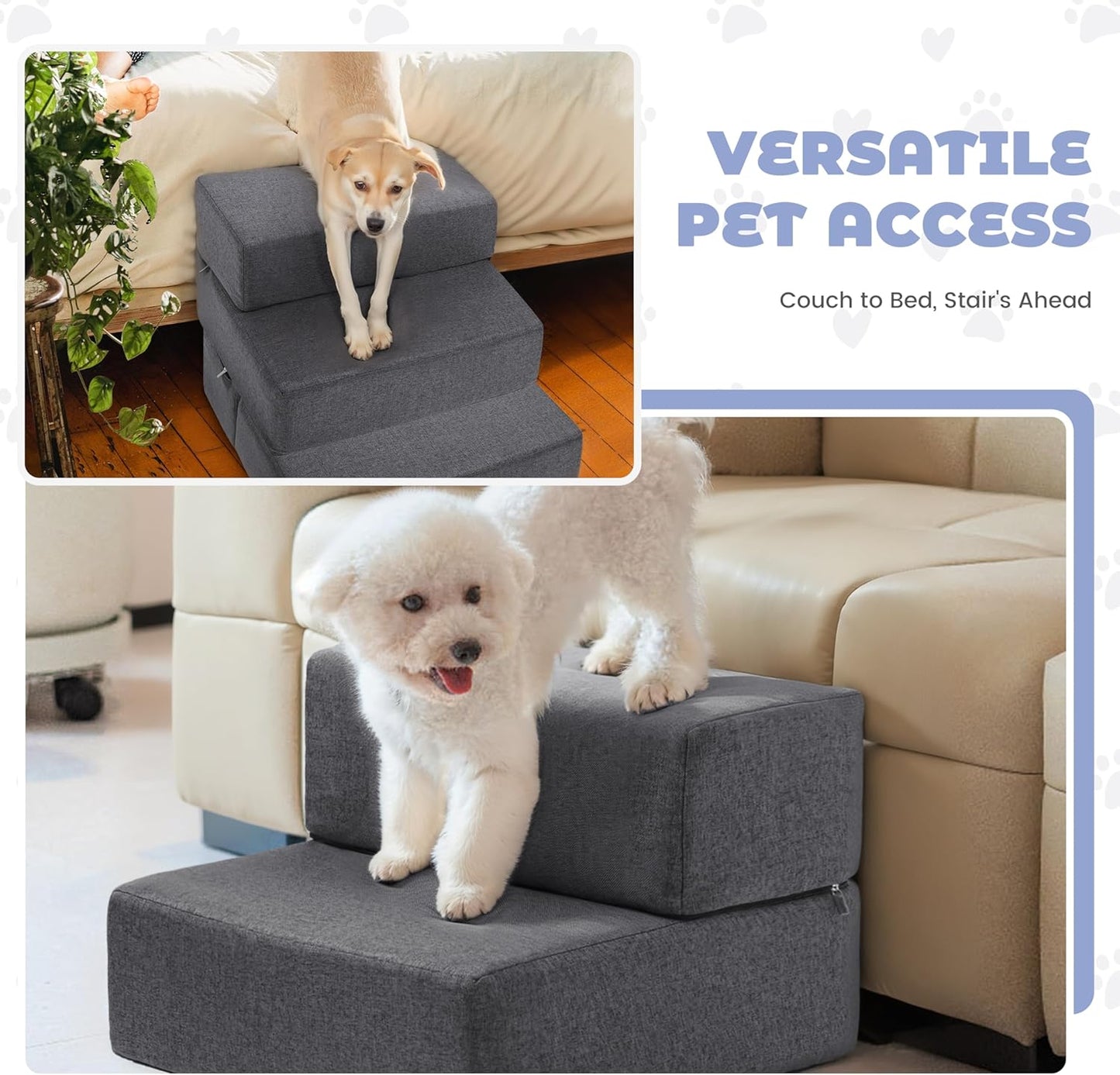 Foldable 18 Inch Wide 3 Step Wide Dog Stairs for Large Dogs, 18 Inch Height Foam Dog Steps for Bed & Couch, Linen Covered Pet Stairs for Dogs to Get on Bed, Outdoor Foam Pet Steps for for Cars & SUV