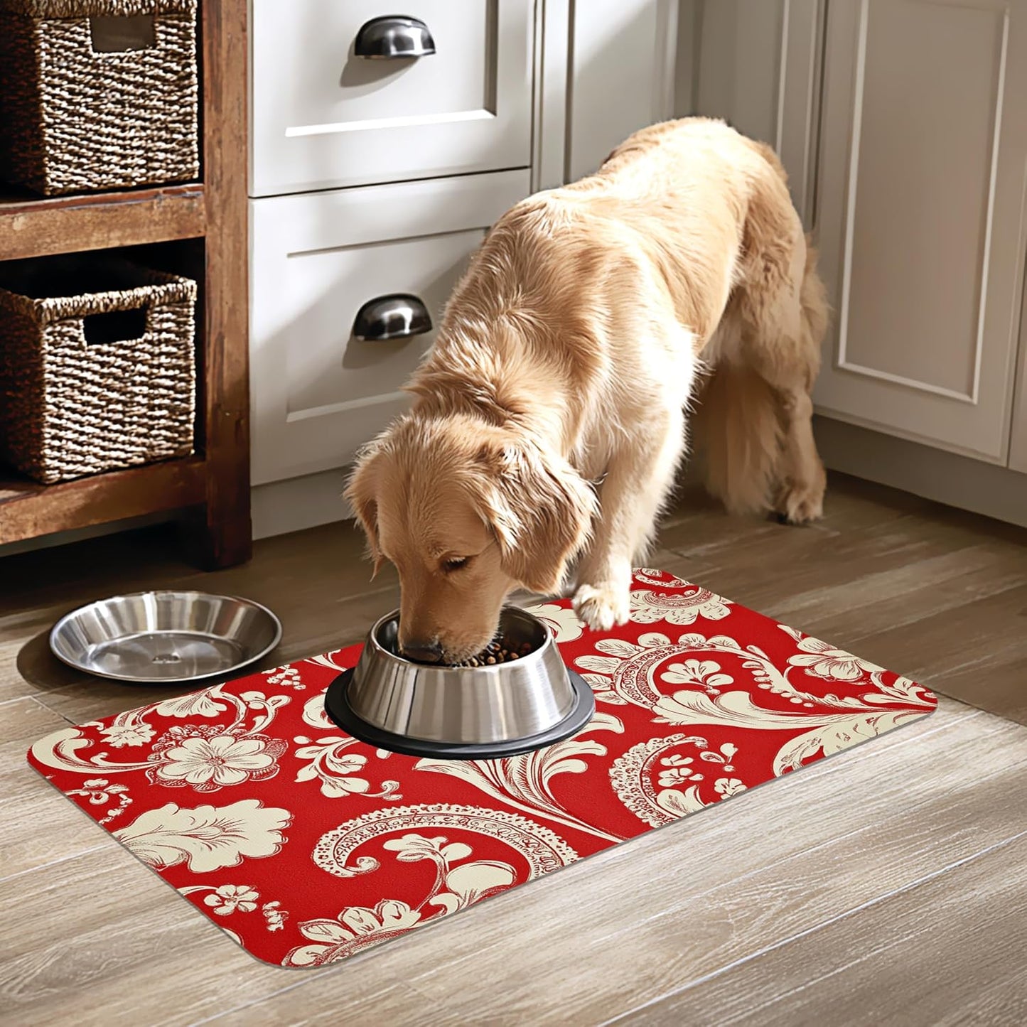 Red White Paisley Dog Food Mat-Absorbent Pet Feeding Mat for Food and Water Bowl, Quick Dry Dog Placemat with Rubber Backing-No Stains Pet Supplies for Messy Drinkers 12"x20"