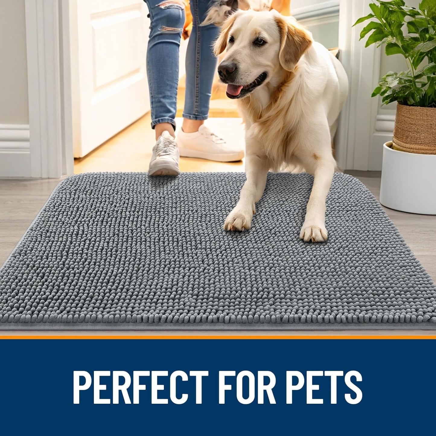OLANLY Dog Door Mat for Muddy Paws 45x27, Absorbs Moisture and Dirt, Absorbent Non-Slip Washable Doormat, Quick Dry Chenille Mud Mat for Dogs, Entry Indoor Entryway Carpet for Inside Floor, Grey