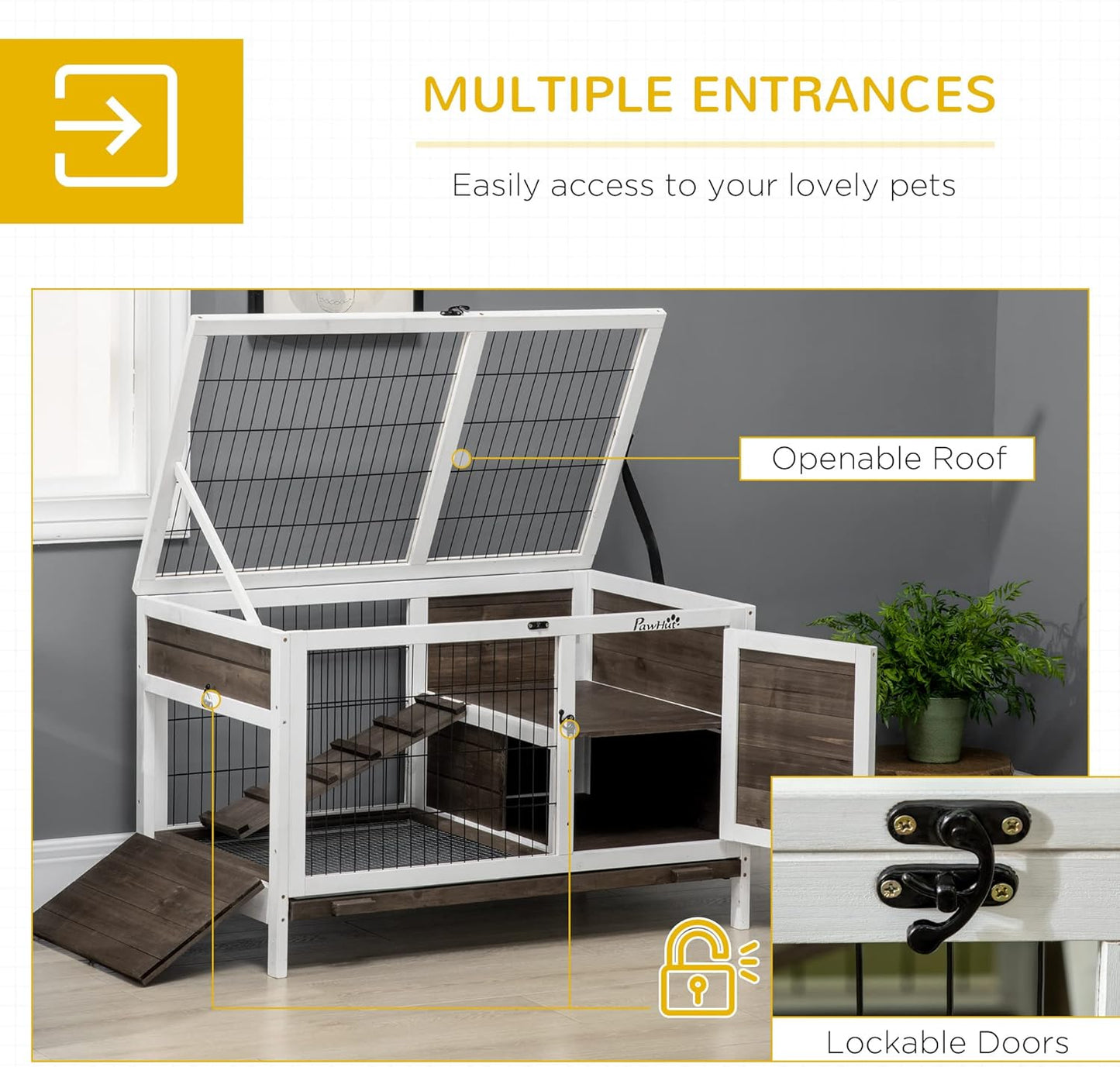 PawHut Wooden Rabbit Hutch, Indoor Elevated Guinea Pig Cage with Run, Ladder, Lockable Doors and Removable Tray, Coffee