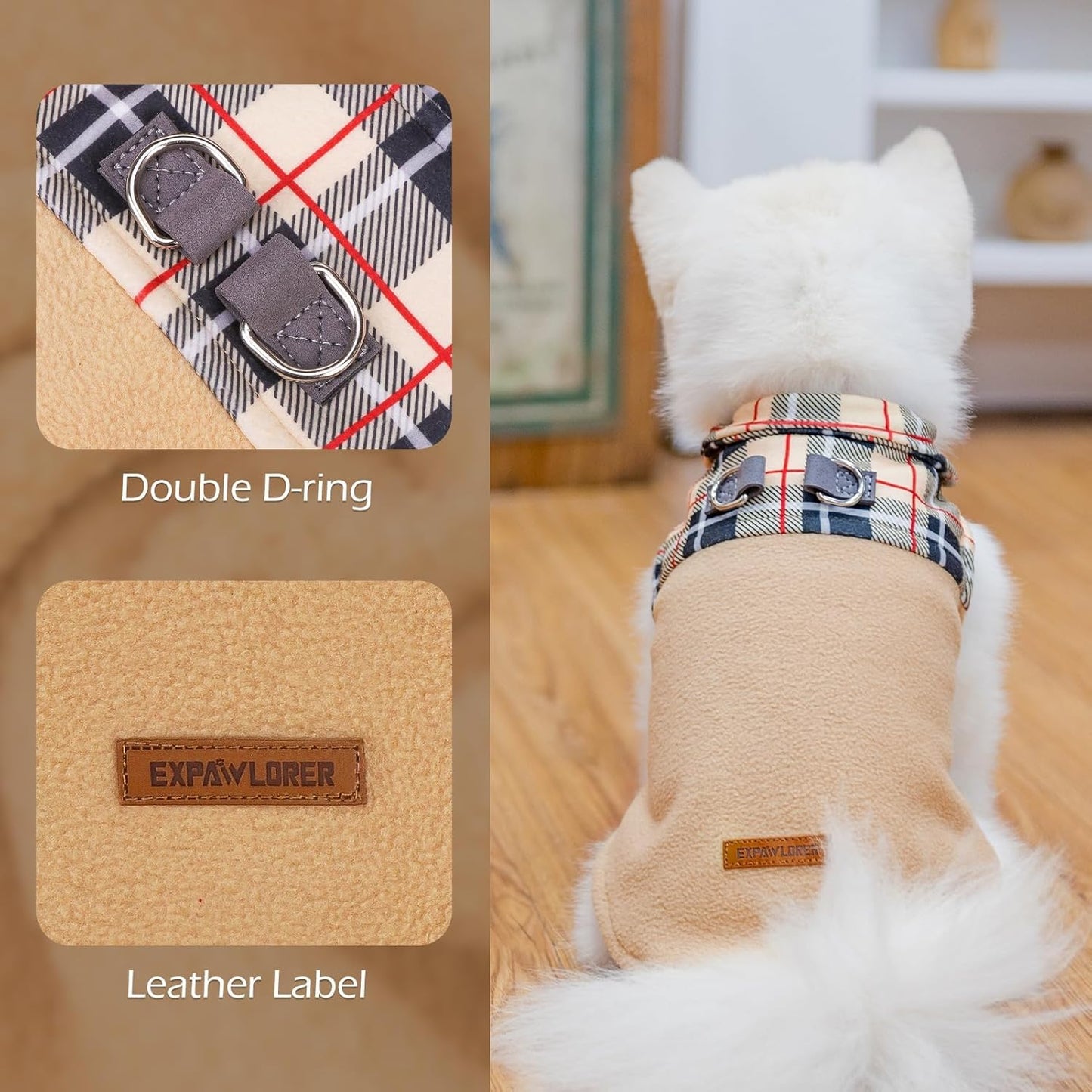 EXPAWLORER Fleece Dog Sweater - Classic Plaid Dog Jacket, Winter Coat Vest with 2 D-Rings for Leash, Pet Cold Weather Clothes, Sweatershirt for Boys or Girls