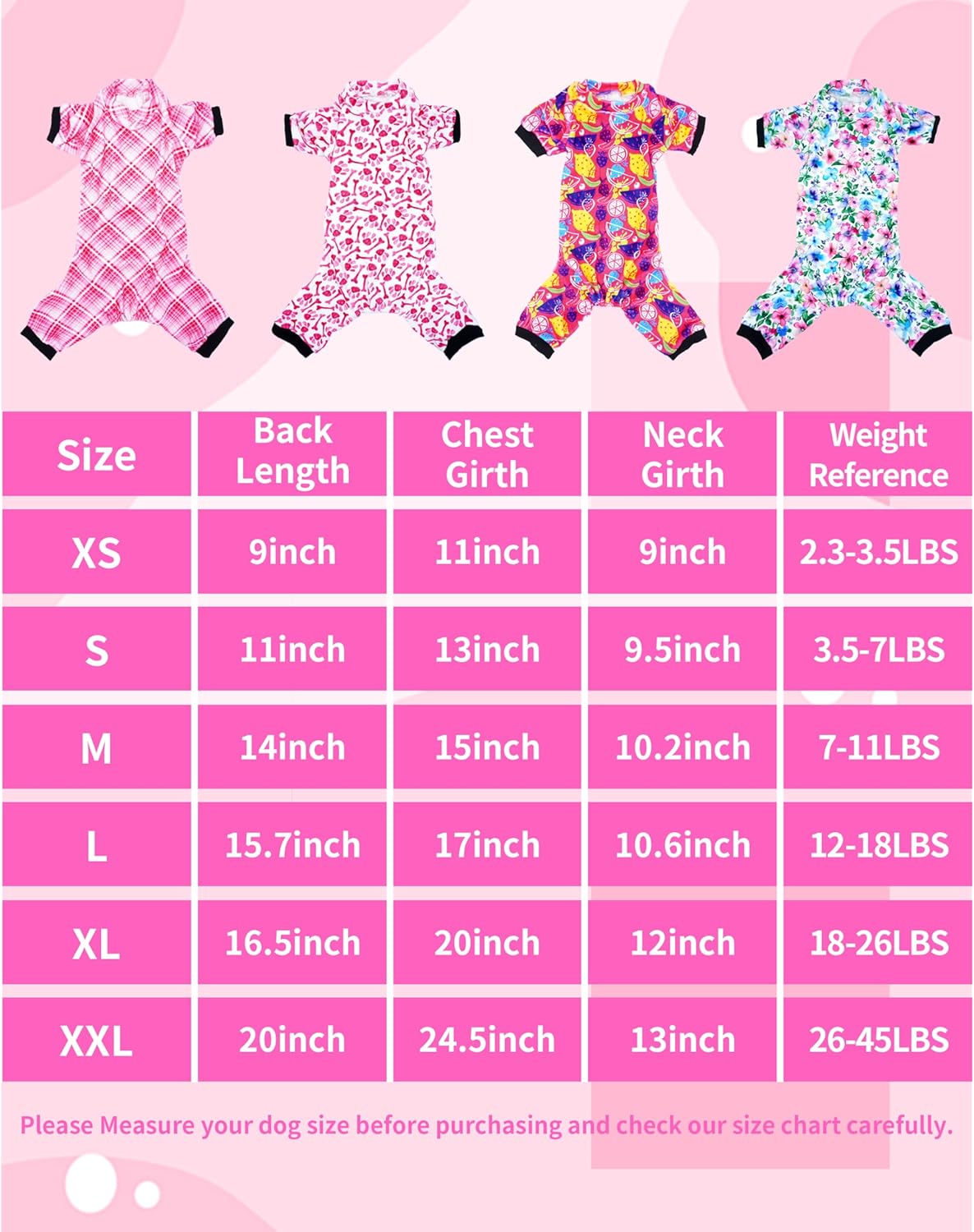 PET SHOW 4 Pack Small Dog Pajamas Cute Paw Bone Clothes for Medium Dogs Soft Stretchy PJs Plaid Jumpsuit Puppy Floral Fruits Onesies Outfits with Sleeve Pets Dachshund Costume(XXL, Pink for Girls)