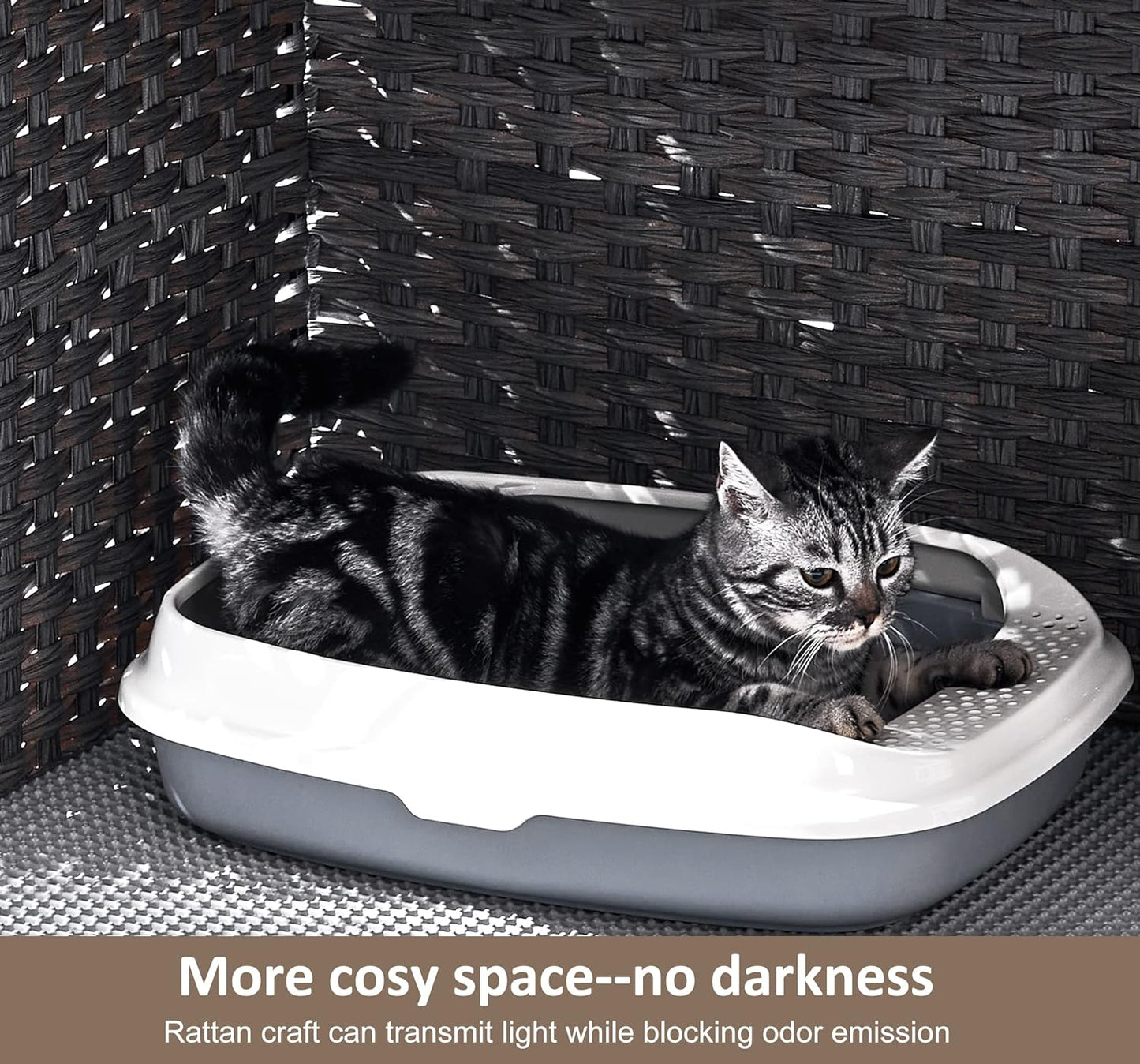 Cat Litter Box Enclosure with Soft Litter Mat; Hidden Kitten Washroom Furniture with Door; Handwoven Rattan Cat House with Large Space; Pet Crate for Living Room, Bedroom, Balcony (Grey)
