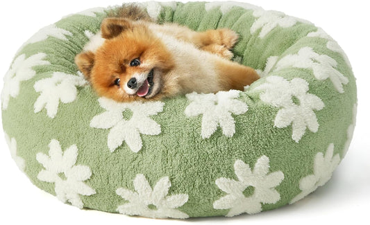 LE SURE Small Dog and Cat Bed - Round Calming Beds, Cute Modern Design with Jacquard Shaggy Plush, Anti-Slip Bottom, 23 Inch, Green