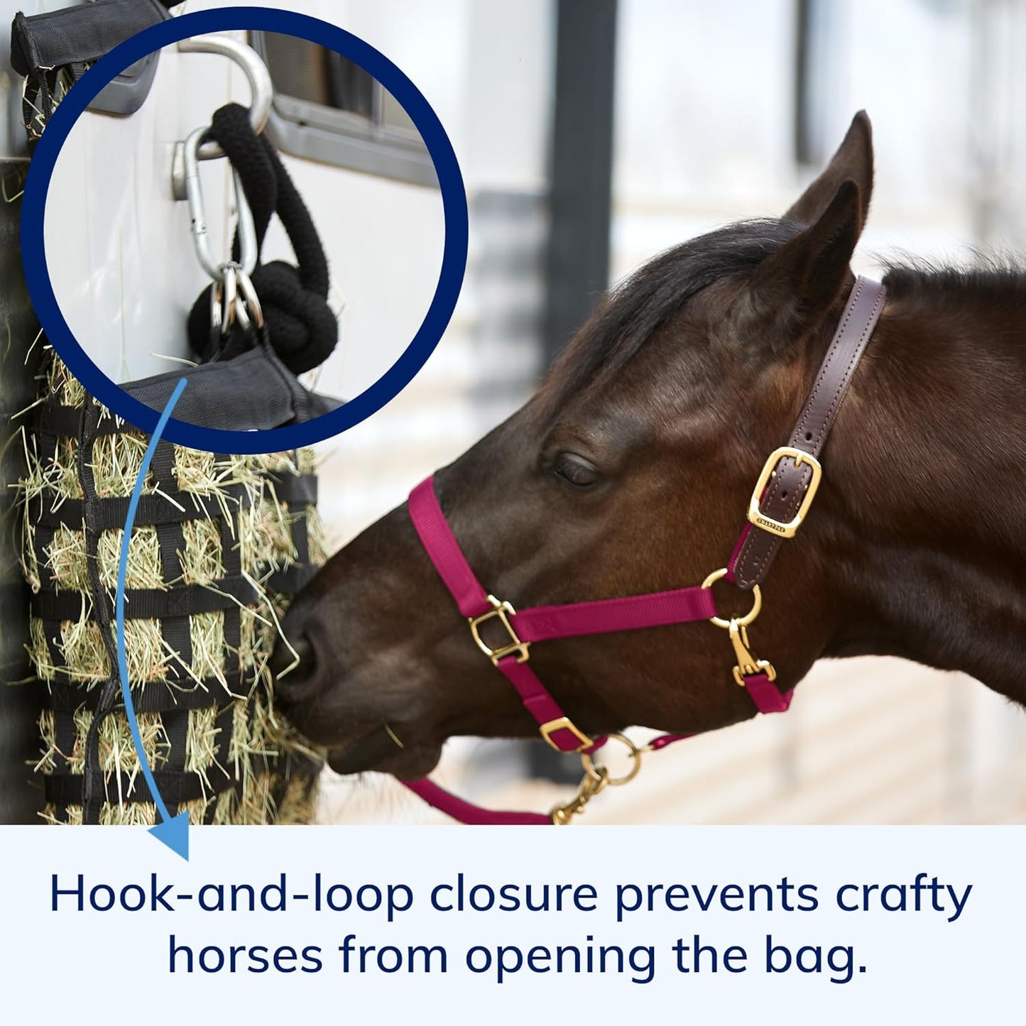 SmartEquine Slow Feed Hay Bag for Horses | Hay Feeder Net with Resistant Nylon | Gator Mouth Enclosure for Easy Loading | Fits 10-15 lbs of Hay | 4 Flakes Bag | 37" x 30" | Black | 1.5" Holes