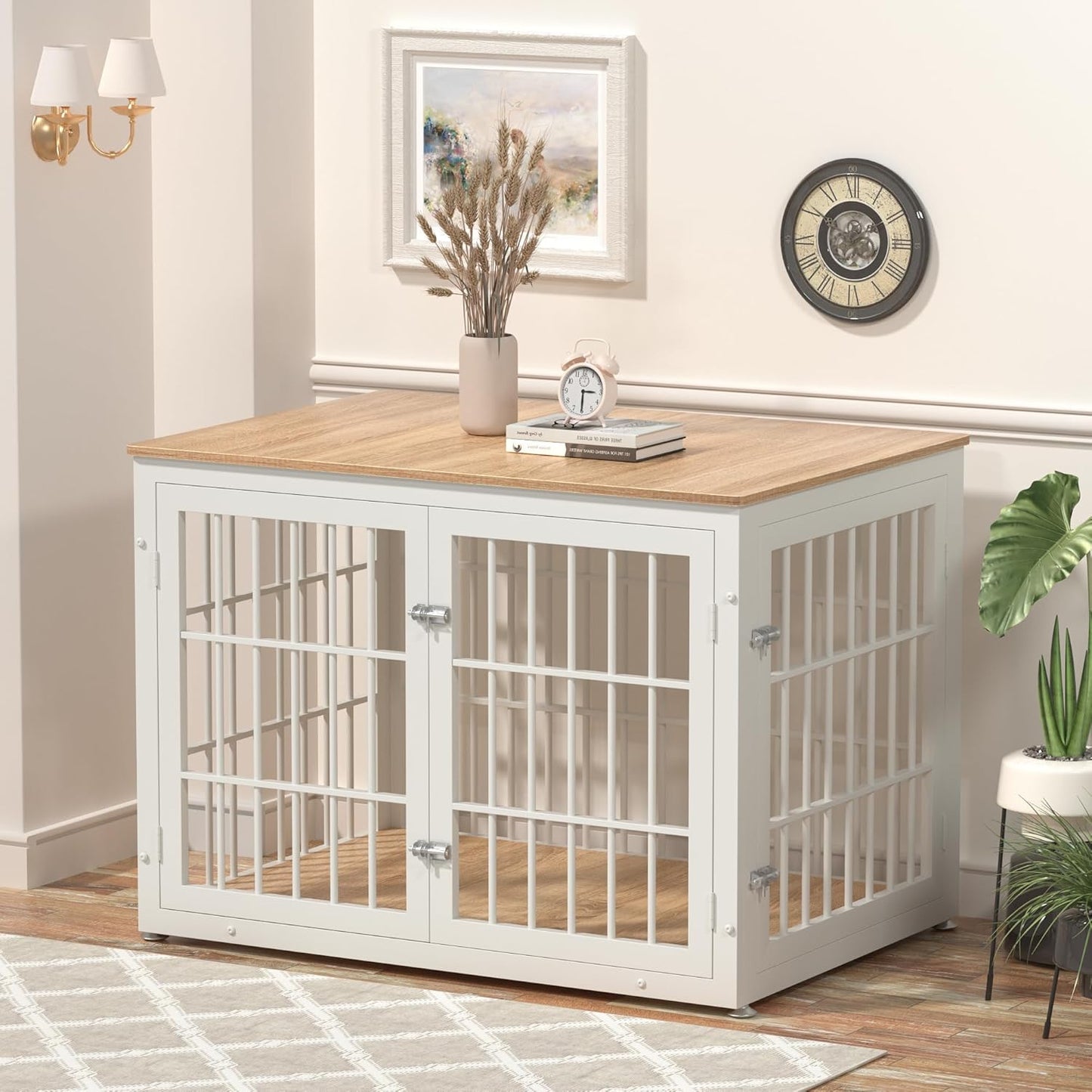 42 Inch Heavy Duty Dog Crate Furniture for Large and Medium Dogs, Decorative Pet House End Table, Wooden Cage Kennel Furniture Indoor, Natural and White