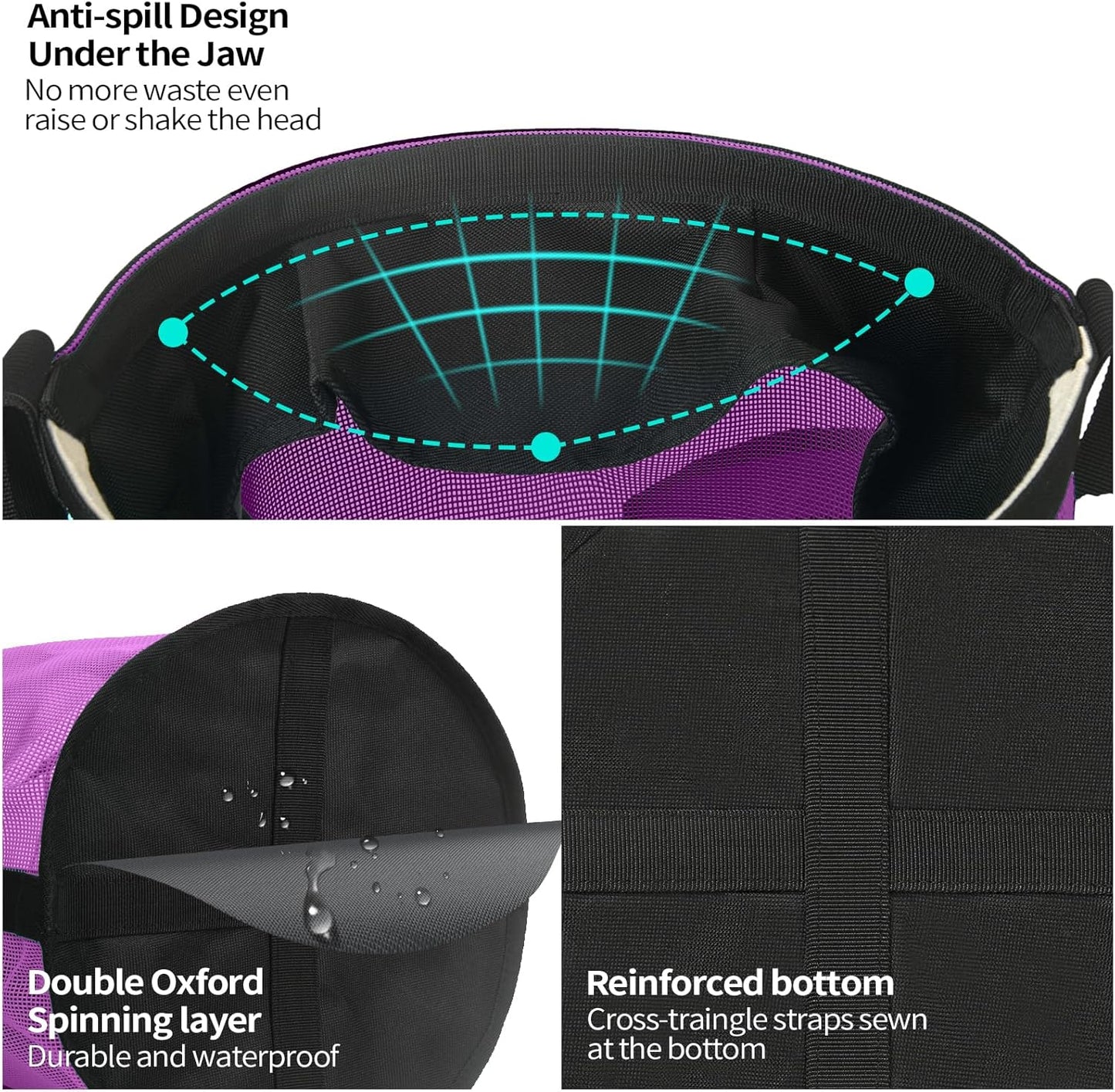 Horse Feed Bag 2 Pcs, Mesh Feed Bags for Horses, Muzzle Feedbag for Feeding Grain, Anti-Spill Design Feeder, Soft Neck Pad Nose Pad, Universal Fit (Purple, Pack of 2)