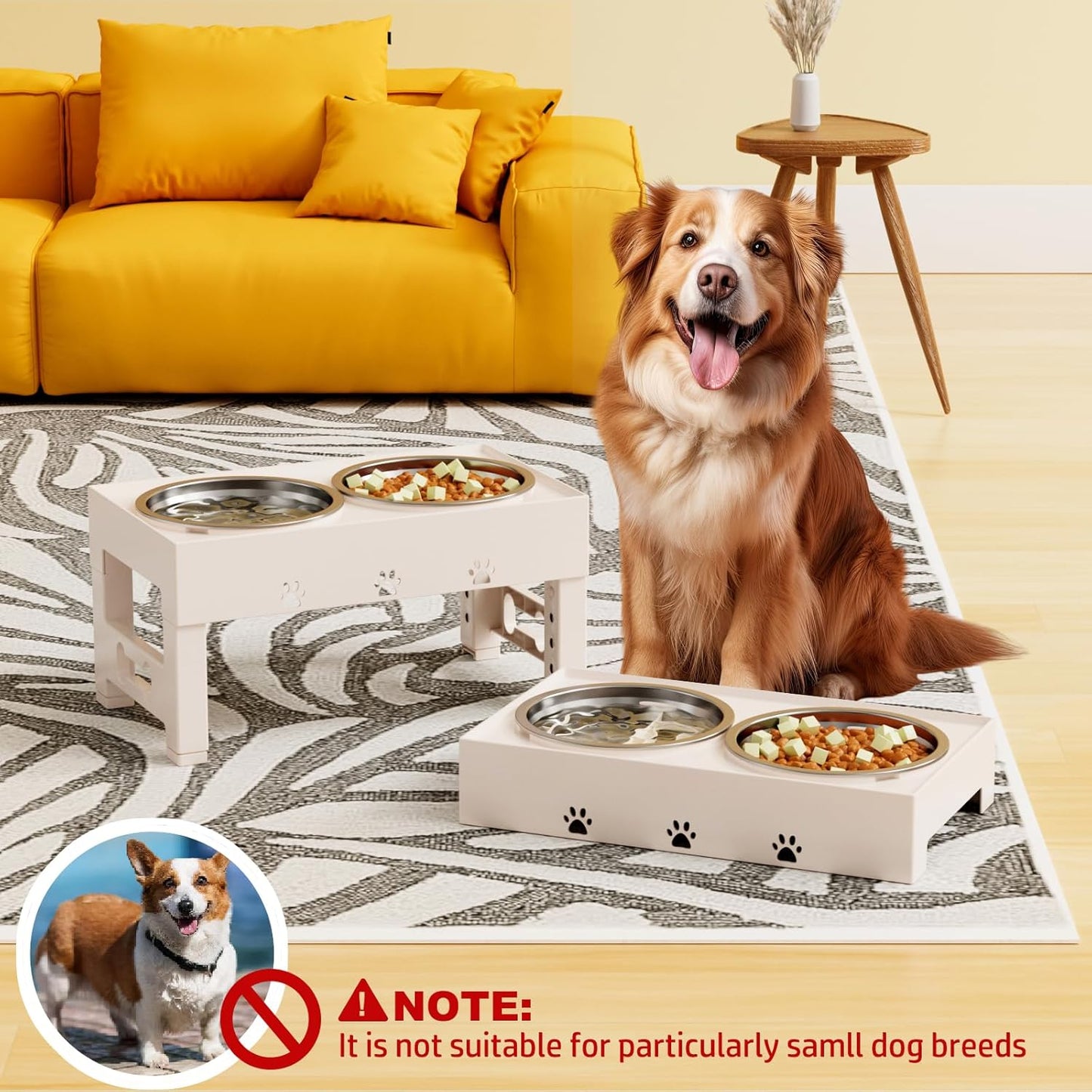 Elevated Dog Bowls with Mat, Raised Dog Food Bowl Stand with 2 Stainless Steel Bowls, 5 Height Adjustable (3.1", 9", 10", 11", 12") Non-Slip Feeder Set for Medium and Large Dogs – Apricot