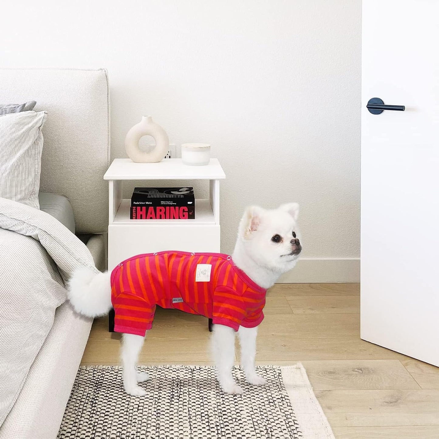 TONY HOBY Female/Male Dog Pajamas, Dog Jumpsuit 4 Legged Pajamas with Stripes, Soft Cotton for Comfortable Sleep (Rose Red&Orange, Boy, XL)