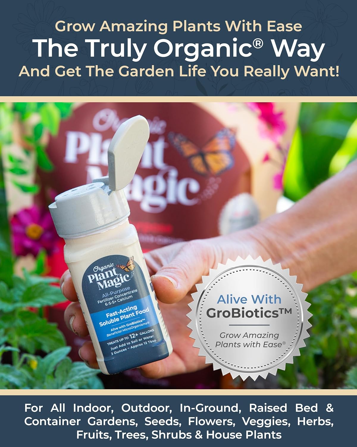Organic Plant Magic - Truly Organic™ Easy to Use Soluble Plant Food Shaker: All-Purpose Fertilizer Concentrate for All Flower Vegetable Herb Fruit Tree Indoor Garden & House Plants [Four 3 oz Shaker]