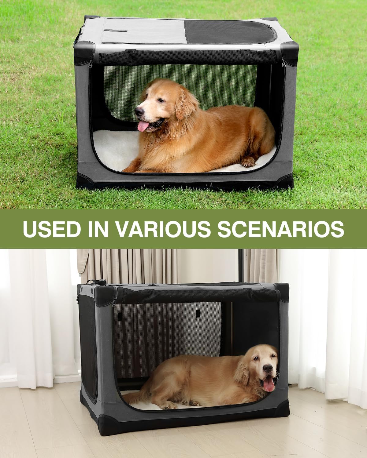 36-Inch Collapsible Travel Dog Crate, Portable 4-Door Soft Kennel for Medium to Large Dogs, Durable Mesh Windows, Indoor/Outdoor Use, Foldable, with Storage Bag (Grey)