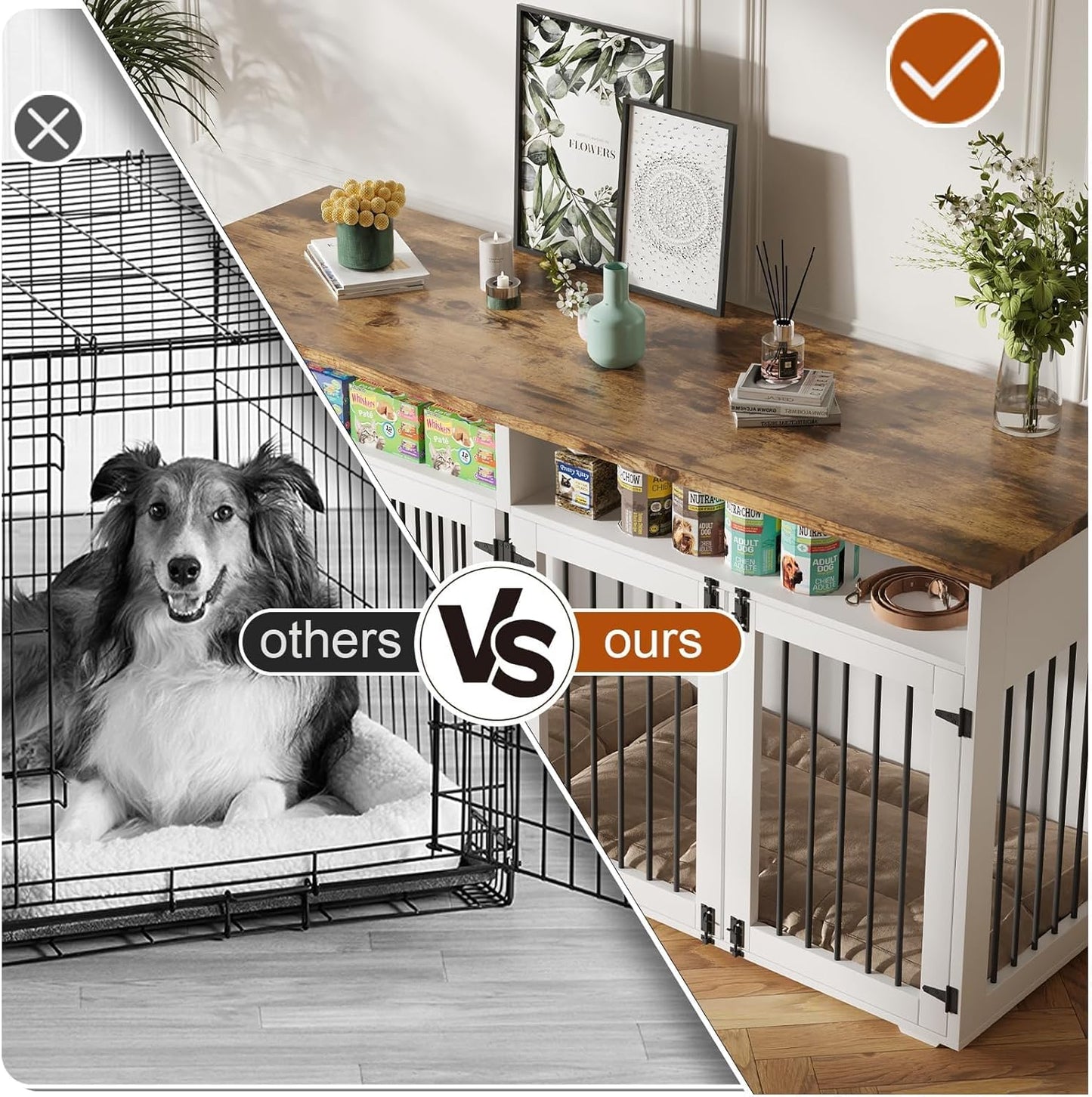 72'' Dog Crate Furniture for 2 Dogs, Wooden Dog Cage with Storage Compartment, Indoor Dog Kennel with 4 Doors for Large/Medium Dogs, White