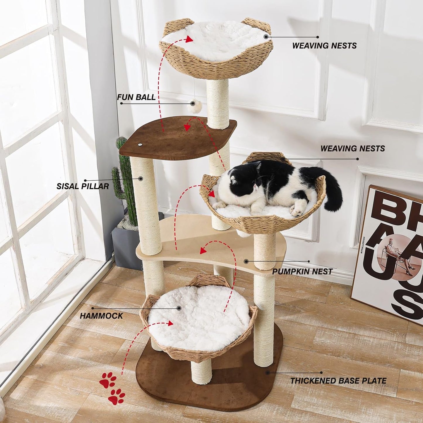 Big Modern Design Cat Tree Tower with White Cloud Mat, Unique Cat Supplies Tower with Scratching Post, Cute Wood Cat Tree Cat Furniture Activity Centre for Indoor Big Cats
