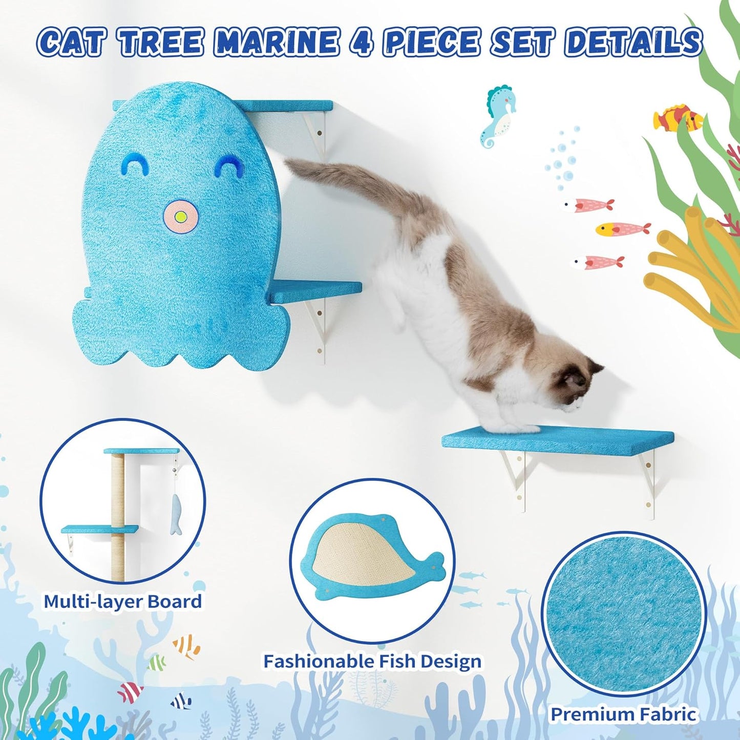 COZIWOW 4-Piece Wall-Mounted Cat Tree Set – Sturdy Wood Pet House, Scratching Board, Platforms, Sisal Posts & Blue Fish Charm – Ocean Blue