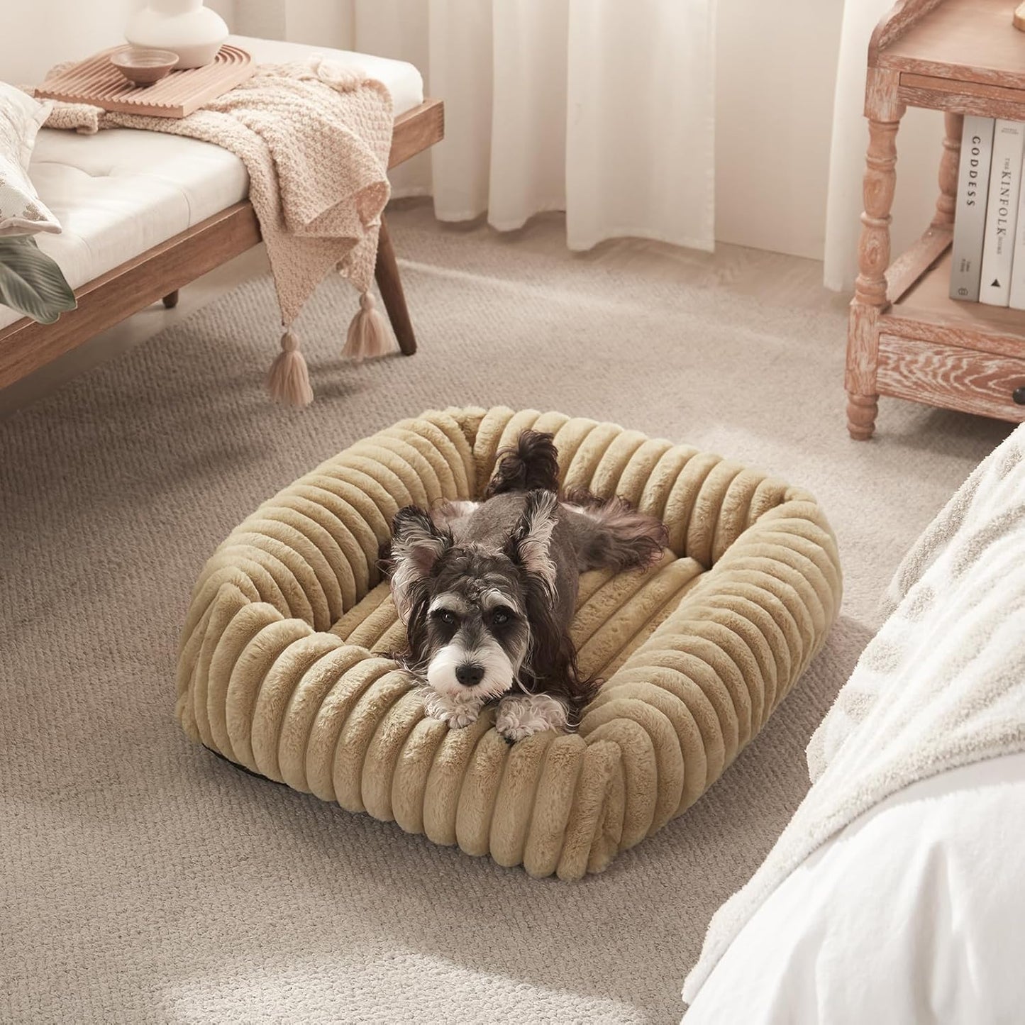 Dog Beds Medium Sized Dog, Washable Orthopedic Pet Bed with Removable Cover, Rectangle Soft Calming Sleeping Puppy Bed Durable Pet Cuddler with Anti-Slip Bottom, 30"x24"x8" Beige