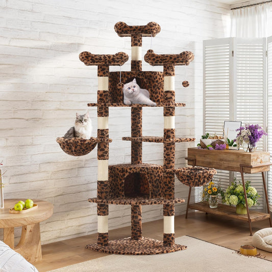 SHA CERLIN 73in Fan-Shaped Corner Cat Tower for Save Space/Multi-Level Tall Cat Tree for Indoor Kitties/Condo with Baskets/Cozy Perches/Sisal Scratching Posts/Pet Activity House/Leopard Print