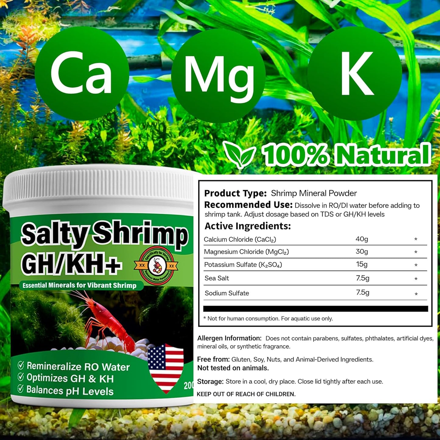 Salty Shrimp GH/KH+ 200G, Keep Your Shrimp Alive, Boost Breeding Healthy & Remineralize RO Water, The Shrimpies Stopped Dying Once You Dripped Our GH/KH+ in with RO Water