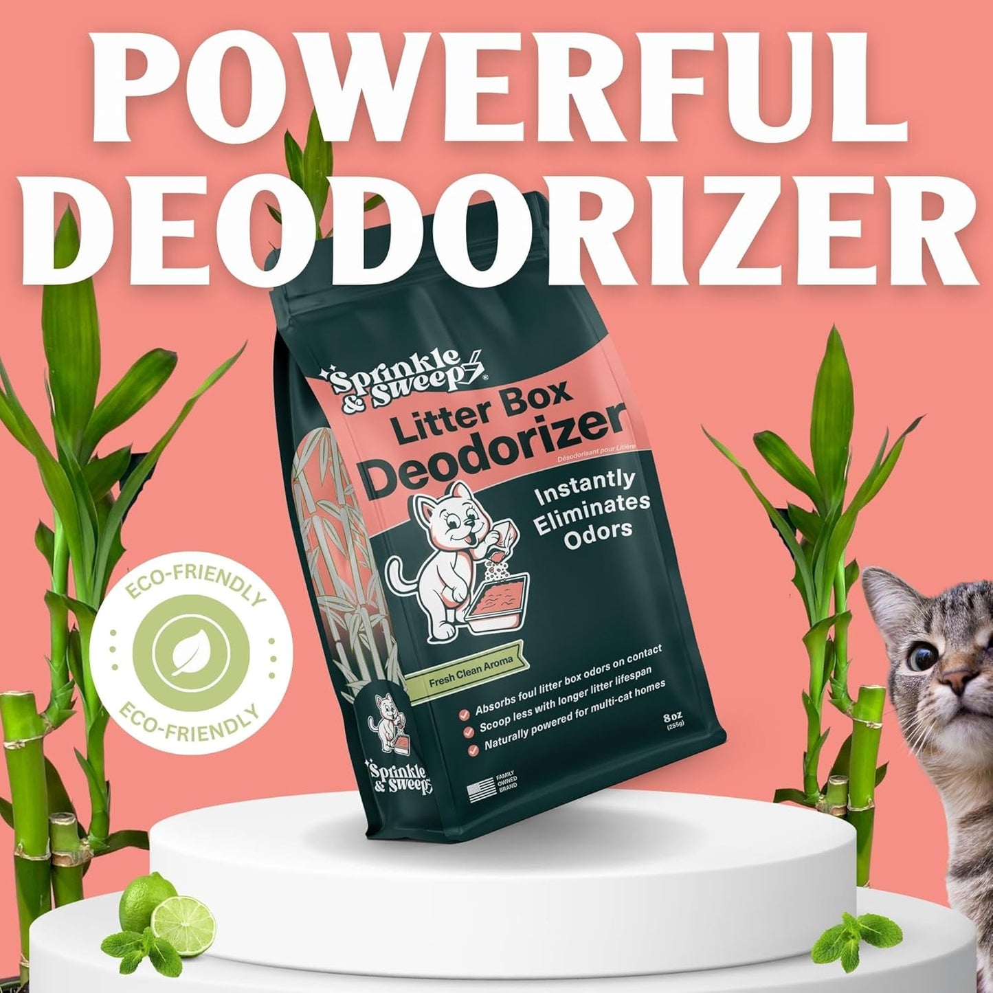 Litter Box Deodorizer | Cat Litter Deodorizer | Smell Control for Cats | Non-Toxic & Safe for Kittens | Home Odor Neutralizer | Kitty Litter Freshener | Sprinkle & Sweep | Made in USA