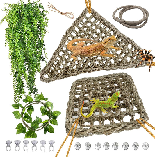 kathson Bearded Dragon Hammock,Lizard Lounger Reptile Tank Hanging Plants Climbing Jungle Vines Flexible Leaves Decorations for Lizards Chameleon Gecko Snakes(5 PCS)