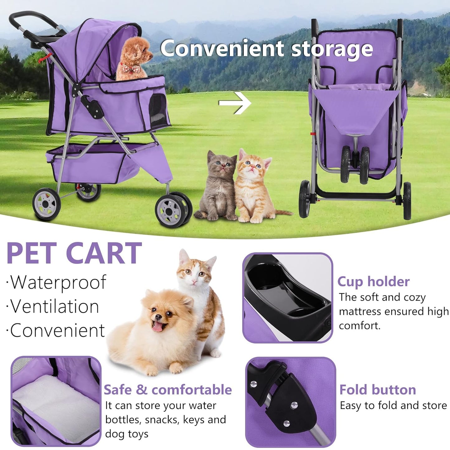 Dog Stroller,3 Wheels Travel Folding Pet Strollers for Small Medium Dog Cat Jogger Stroller with Storage Basket Removable Liner Purple