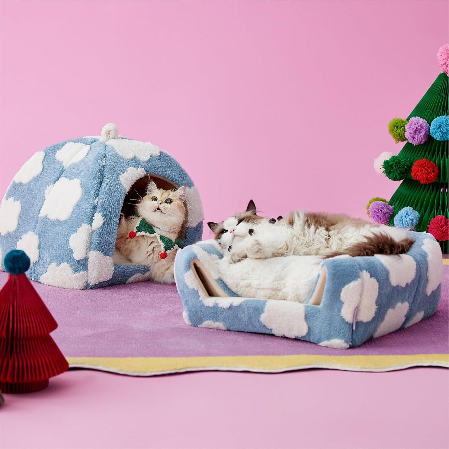 Lesure Cute Cat Beds for Indoor Cats - 2 in 1 Cat Cave Bed for Kittens and Small Pets with Removable Washable Cushioned Pillow, Cozy Kitten Tent with Non-Slip Bottom, Blue, 16 inches