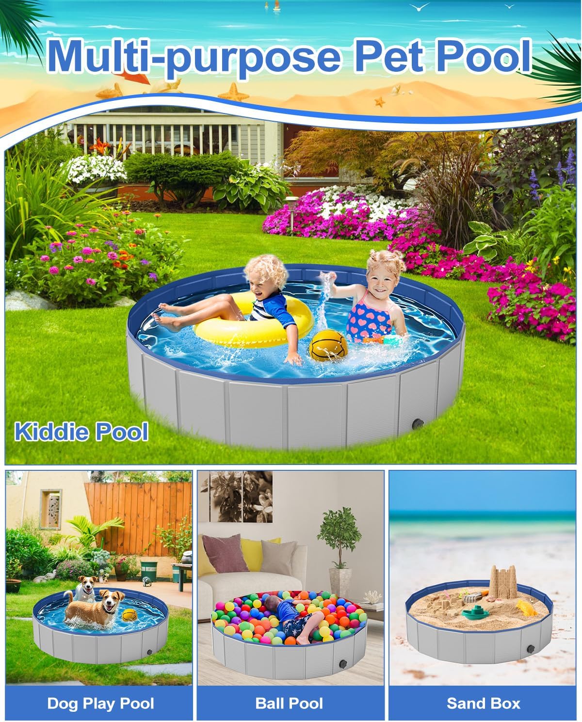 Dog Pool for Large Dogs, Foldable Plastic Pool for Dogs Slip-Resistant (XL - 79'' x 16'')