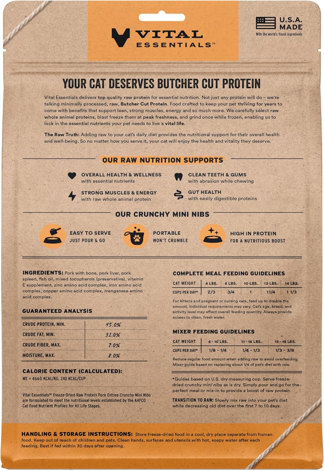 Vital Essentials Freeze-Dried Raw Pork Meal or Mixer Cat Food Crunchy Nibs, 12 oz