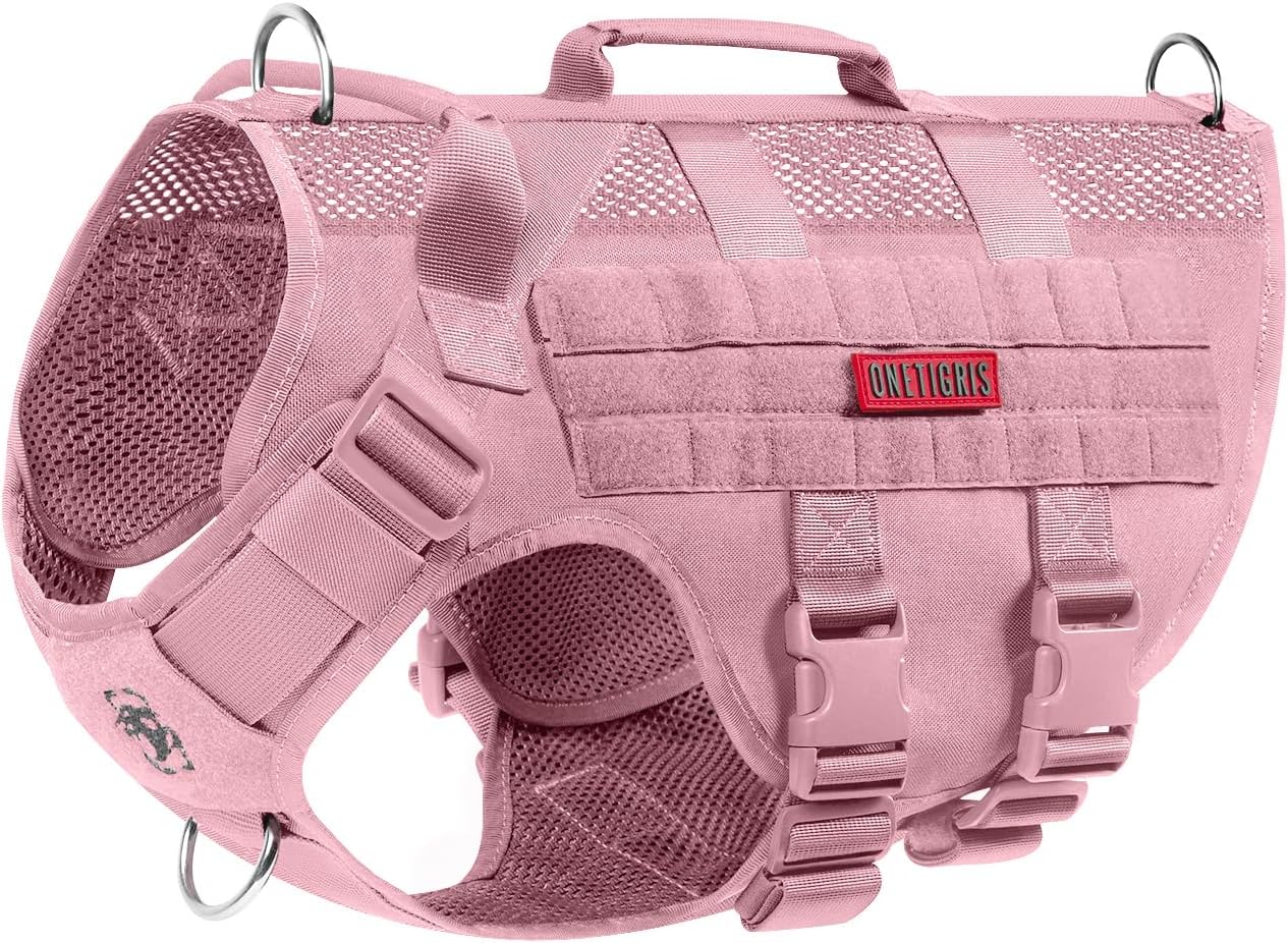 OneTigris Tactical Dog Harness for Small Dog, No Pull Small Dog Vest Harness with Handles Breathable Military Molle Vests for Walking Hiking Training (Pink, Large)