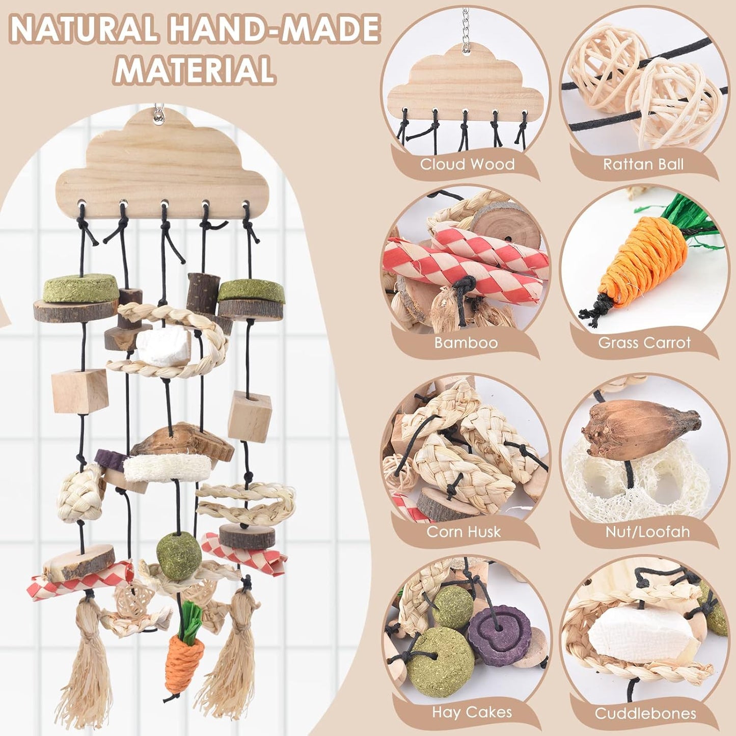 Bissap Rabbit Chew Toy, Bunny Cage Hanging Chew Toys and Treats Wooden with Snacks for Guinea Pigs Chinchillas Hamsters Rats and Other Small Pets Teeth Grinding