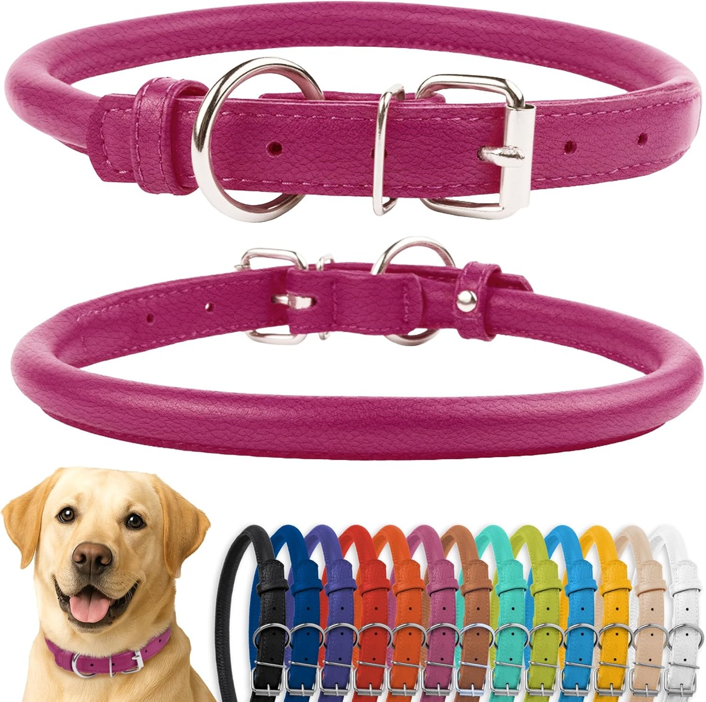 CollarDirect Rolled Leather Dog Collar, Soft Padded Round Puppy Collar, Handmade Genuine Leather Collar Dog Small Large Cat Collars 13 Colors (15-19 Inch, Pink Textured)
