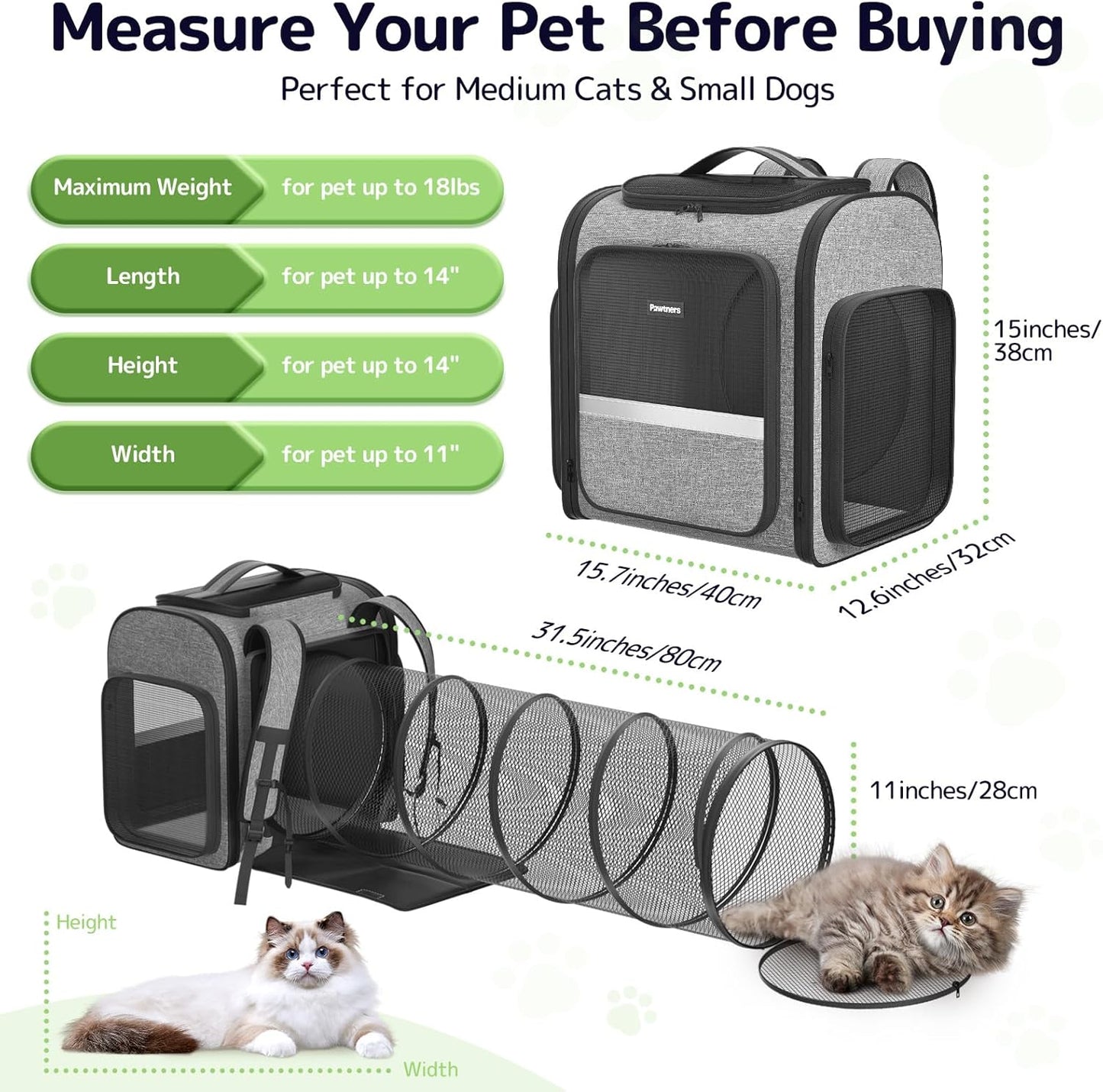 Pawtners Cat Carrier Backpacks Expandable Cat Backpack with Breathable Mesh, Pet Carrier Backpack for Cats Small Dogs Puppies Up to 18 Lbs, Dog Carrier Backpack for Travel Hiking Camping Outdoor