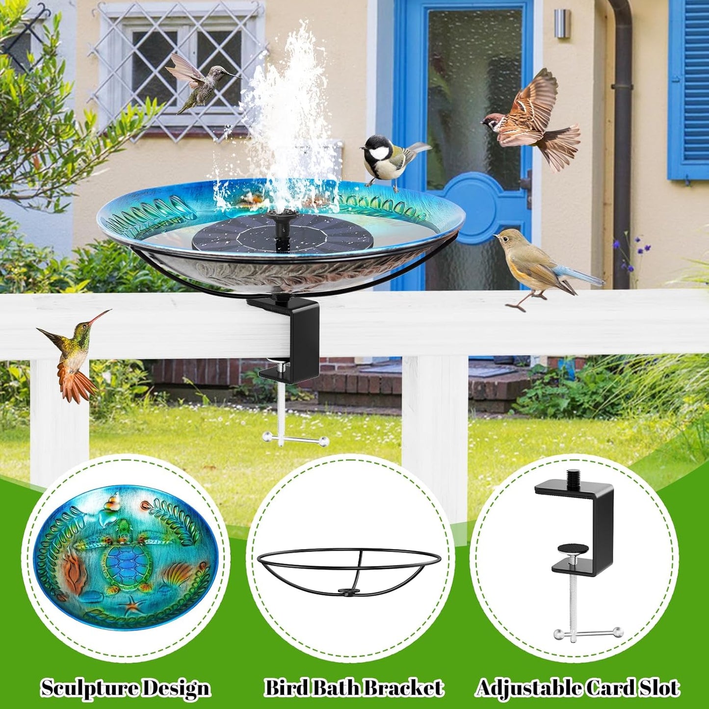 Deck Mounted Bird Bath for Outside, Detachable Birdbath Bowl with Sturdy Clamp, Outdoor Bird Baths Bowl for Attracting Birds Garden Yard Decor (Ocean Blue Turtle)