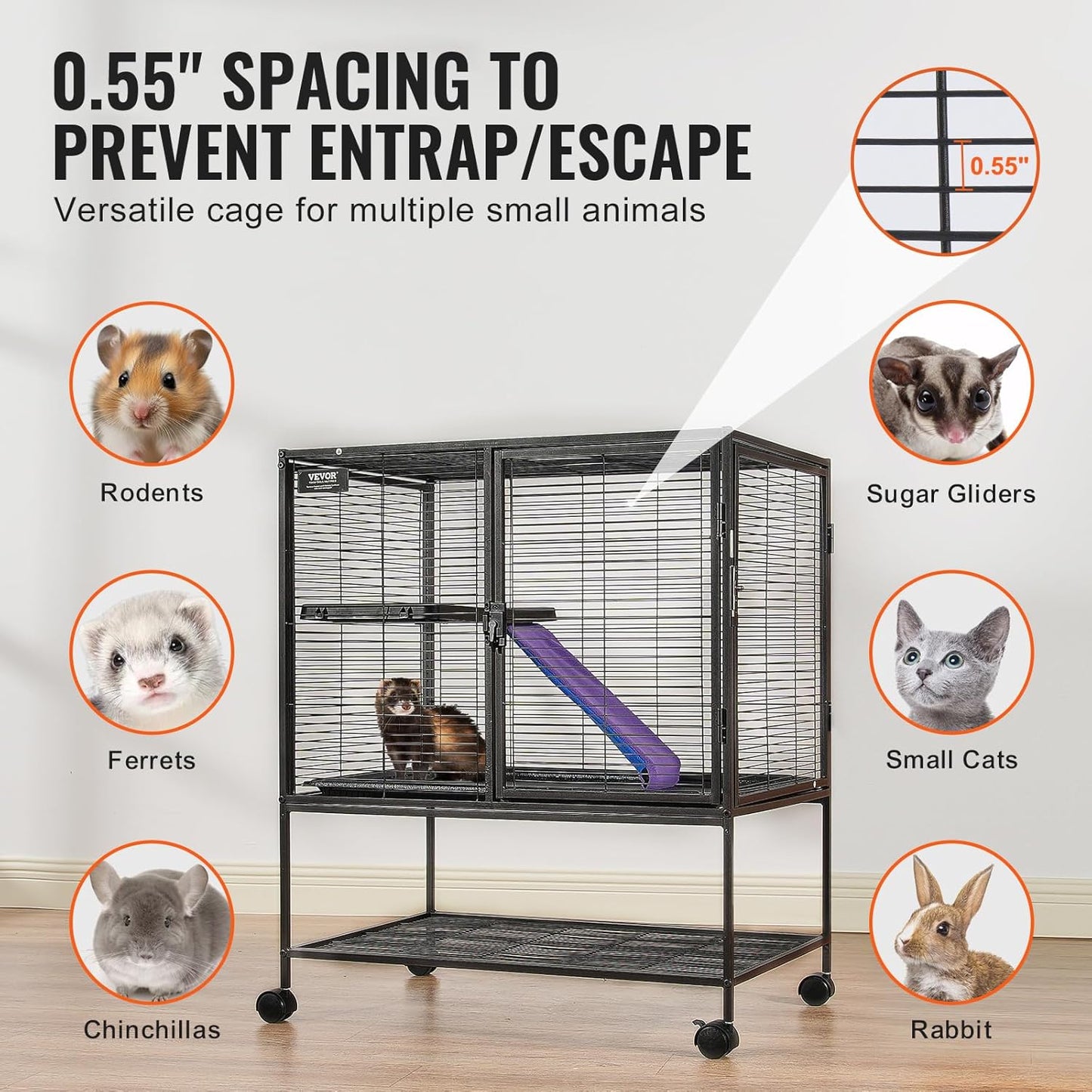 VEVOR 36" Rolling Metal Ferret Cage, Large 2-Tier Critter Nation Cage, Small Animal Cage with Ramps & Tray, Easy to Set up for Pet Mice, Hamster, Guinea Pig, Chinchilla, Squirrel, Hedgehogs, Bunny